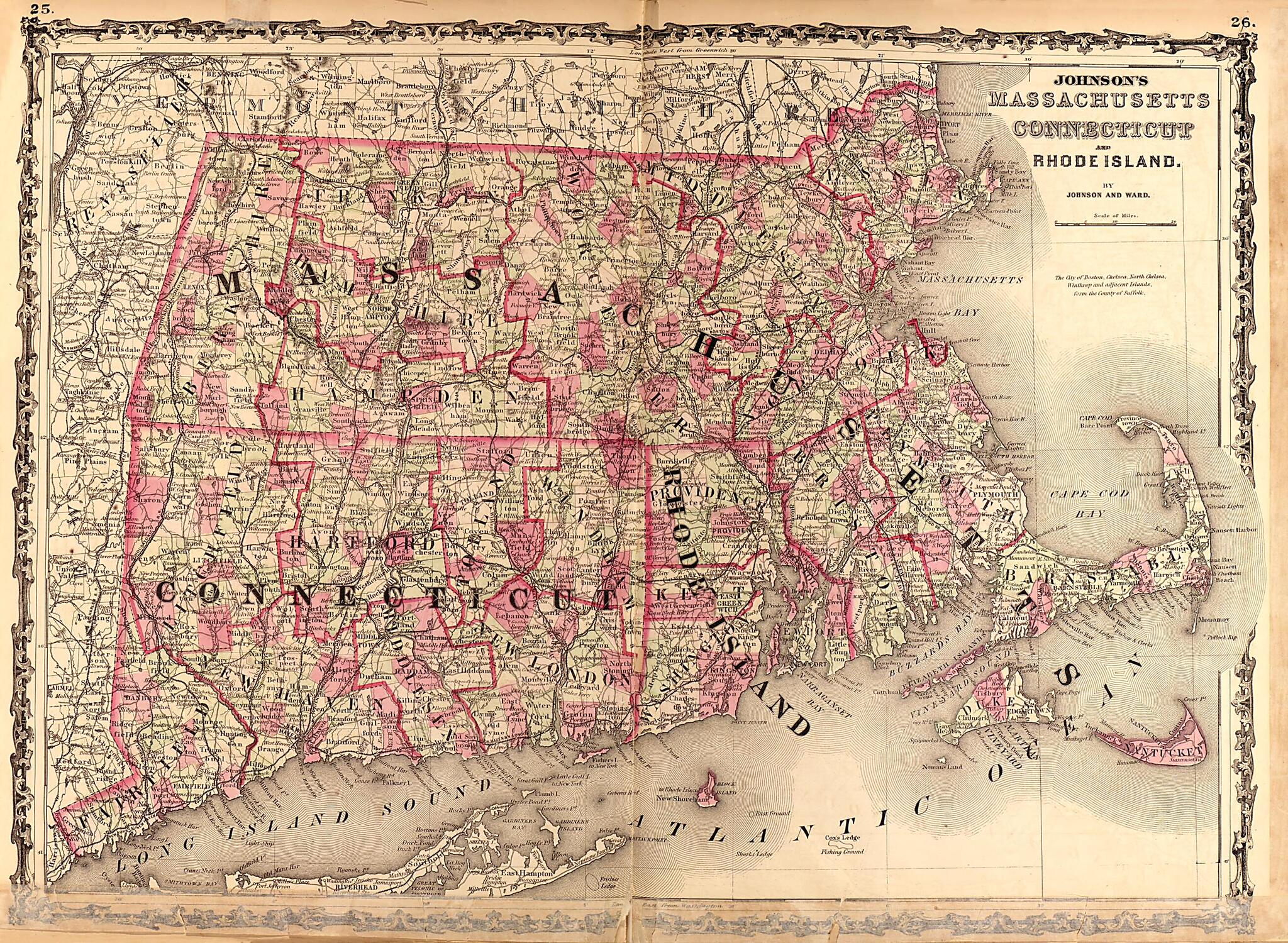 This old map of Massachusetts, Connecticut, and Rhode Island from Family Atlas from 1862 was created by A. J. (Alvin Jewett) Johnson in 1862