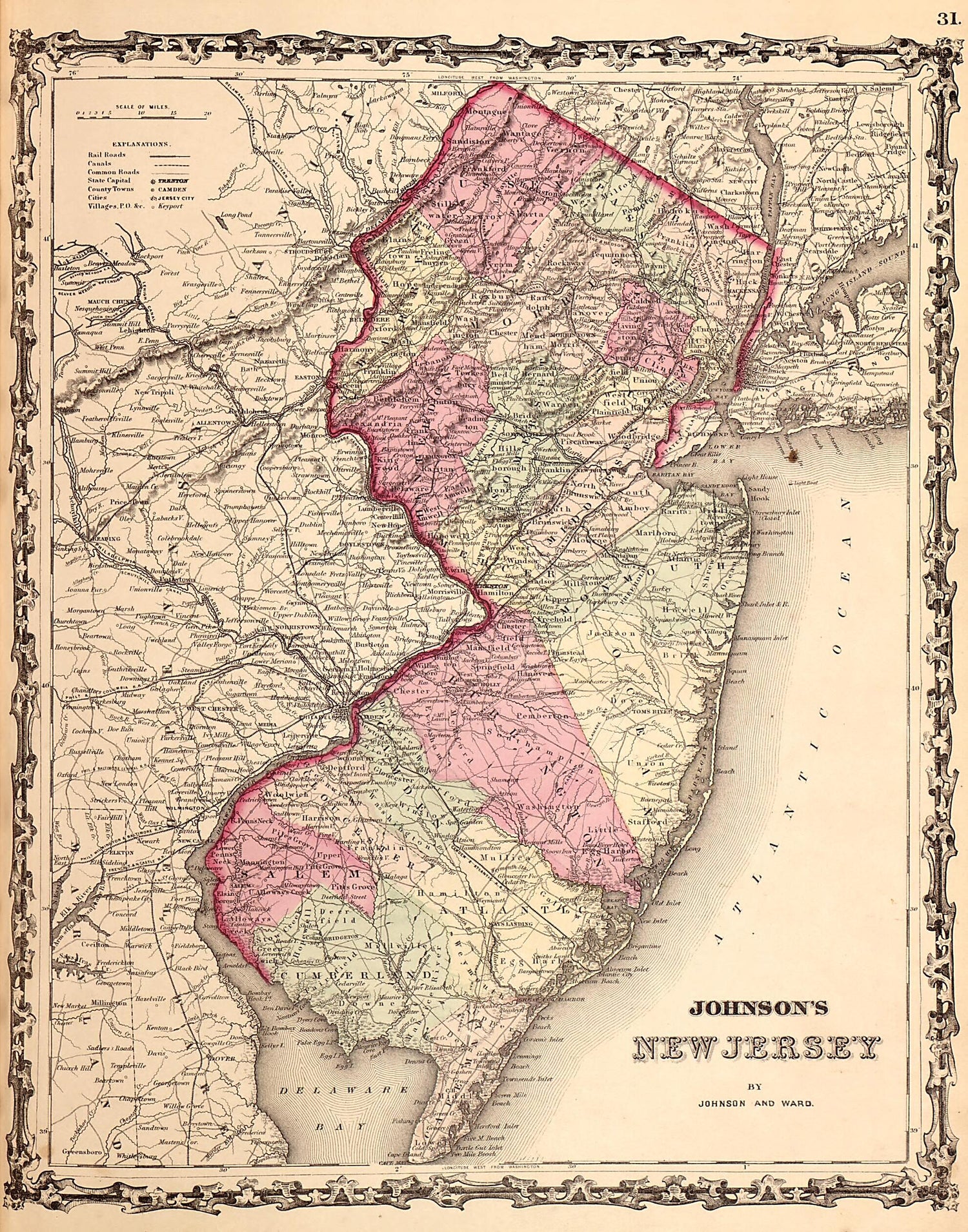 This old map of New Jersey from Family Atlas from 1862 was created by A. J. (Alvin Jewett) Johnson in 1862