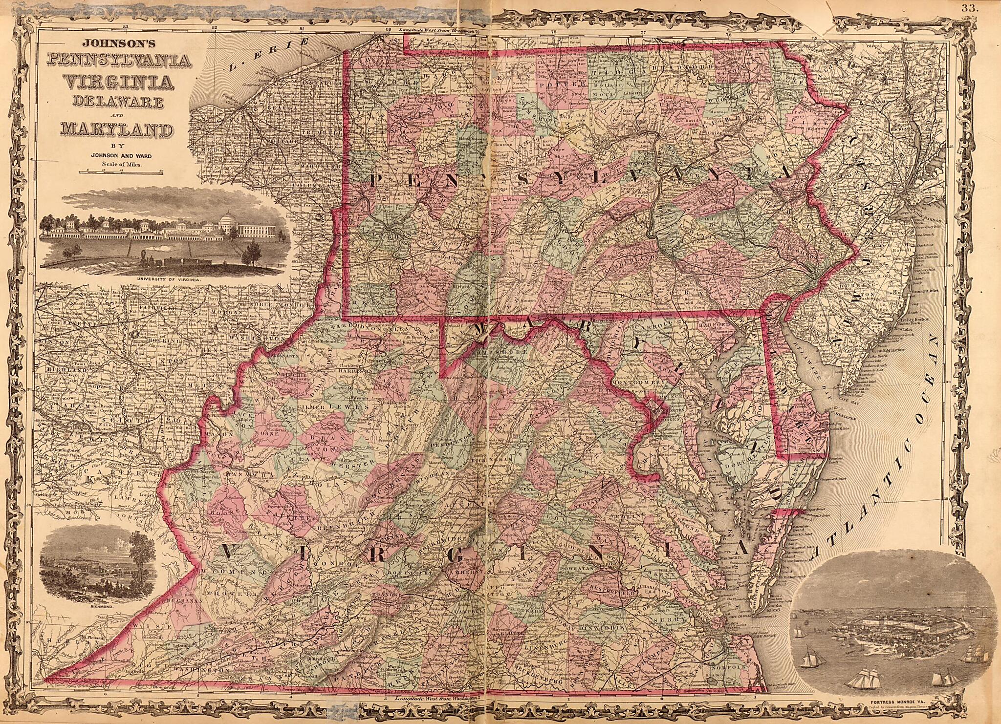 This old map of Pennsylvania, Virginia, Delaware, and Maryland from Family Atlas from 1862 was created by A. J. (Alvin Jewett) Johnson in 1862