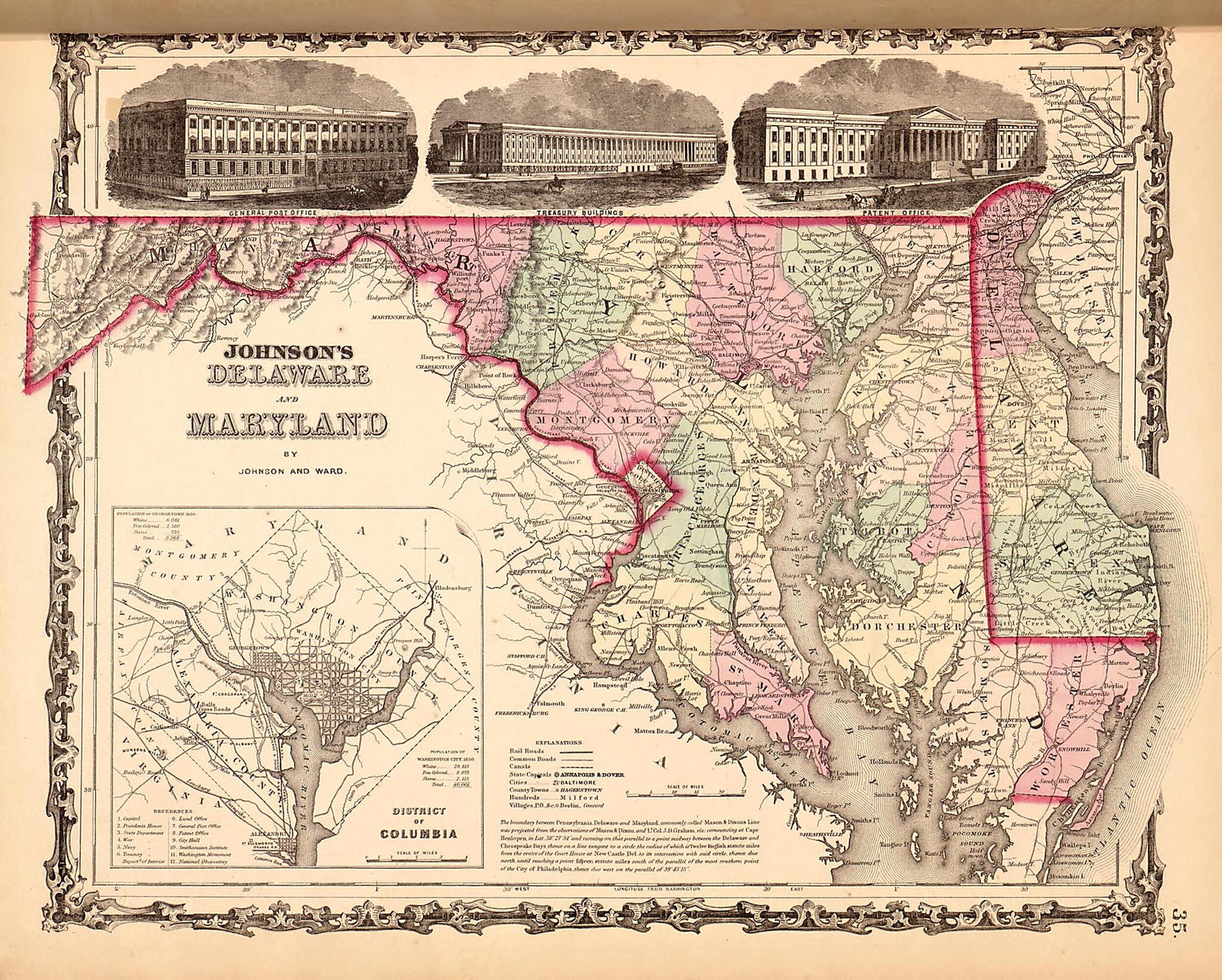 This old map of Delaware and Maryland from Family Atlas from 1862 was created by A. J. (Alvin Jewett) Johnson in 1862