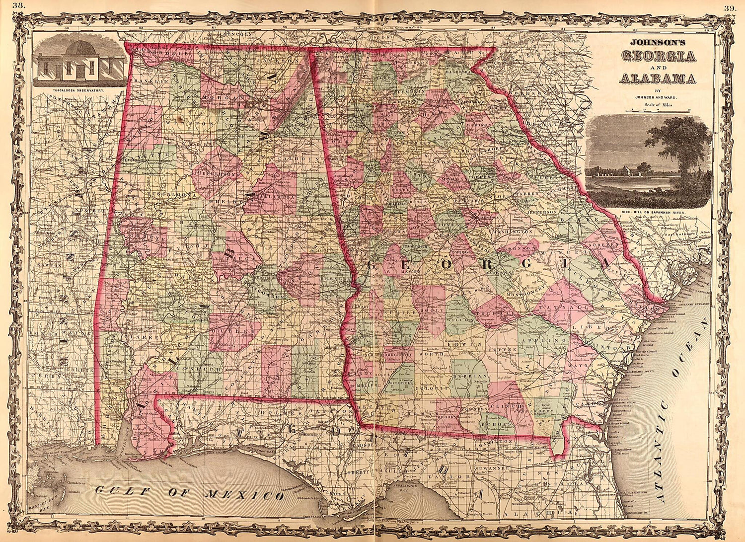 This old map of Georgia and Alabama from Family Atlas from 1862 was created by A. J. (Alvin Jewett) Johnson in 1862