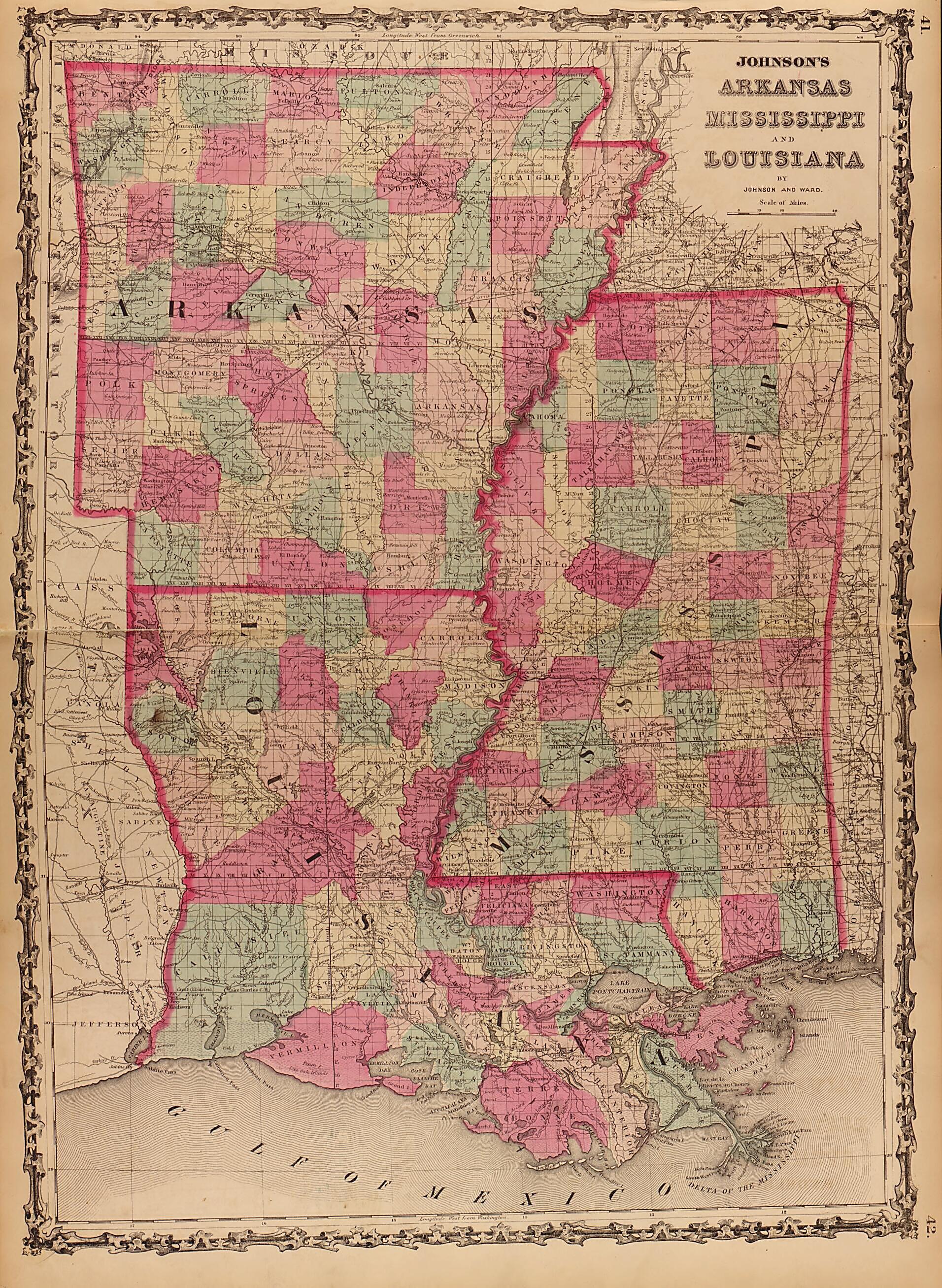 This old map of Arkansas, Mississippi, and Louisiana from Family Atlas from 1862 was created by A. J. (Alvin Jewett) Johnson in 1862