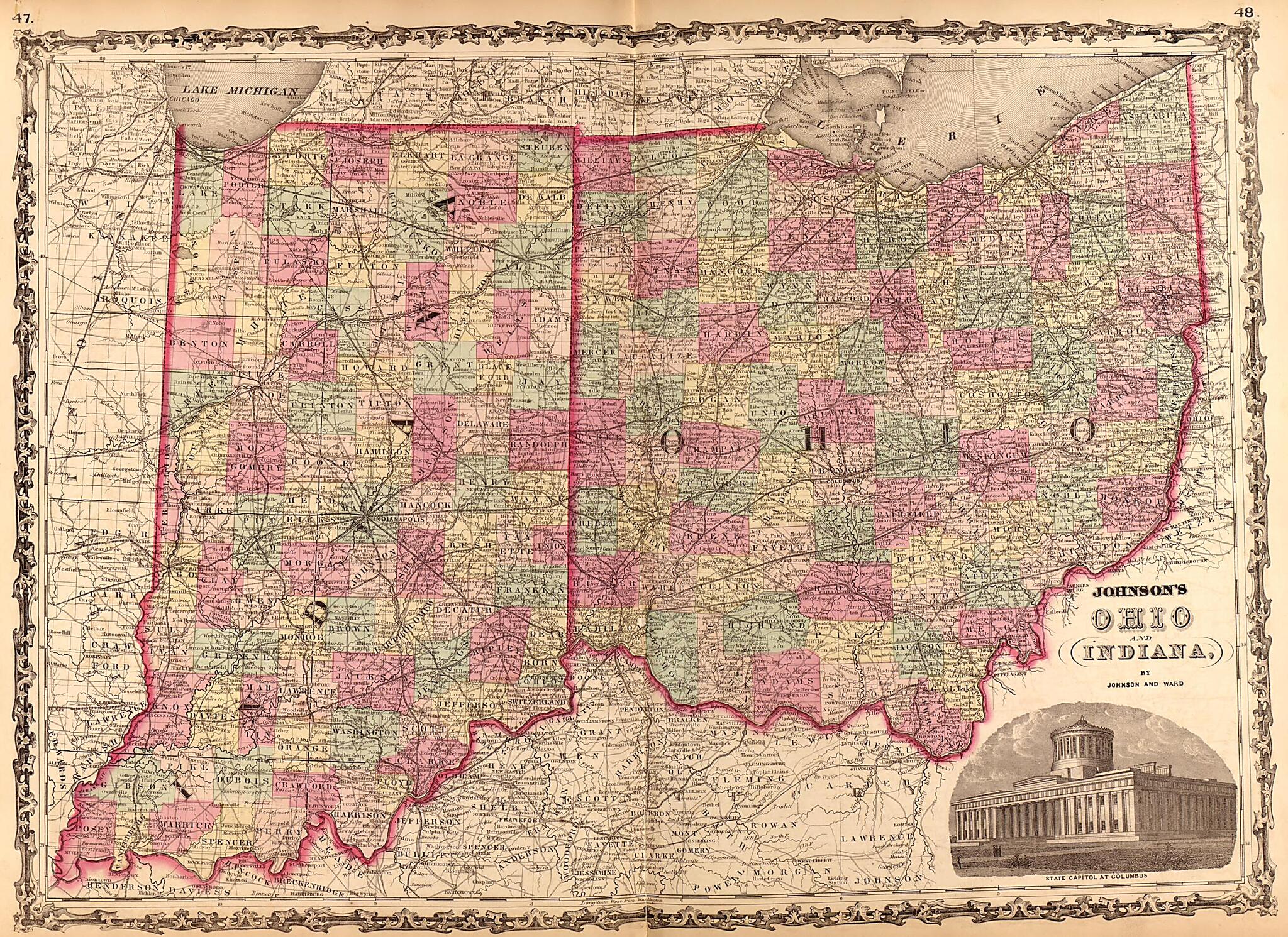 This old map of Ohio and Indiana from Family Atlas from 1862 was created by A. J. (Alvin Jewett) Johnson in 1862