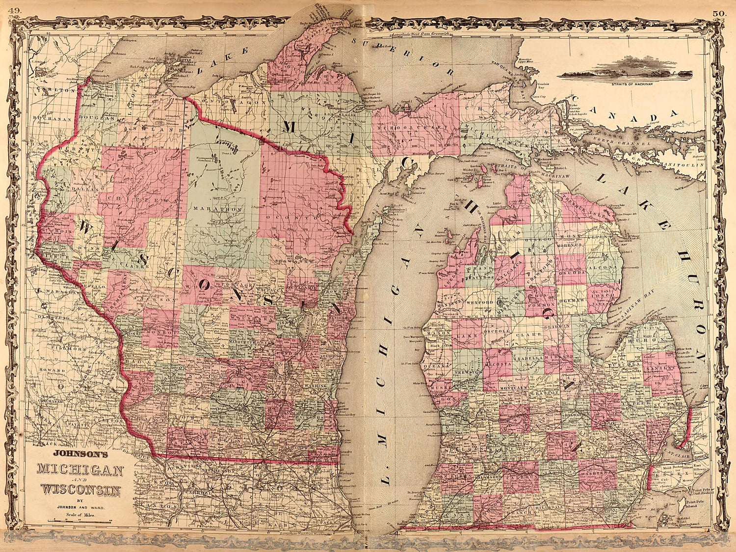 This old map of Michigan and Wisconsin from Family Atlas from 1862 was created by A. J. (Alvin Jewett) Johnson in 1862