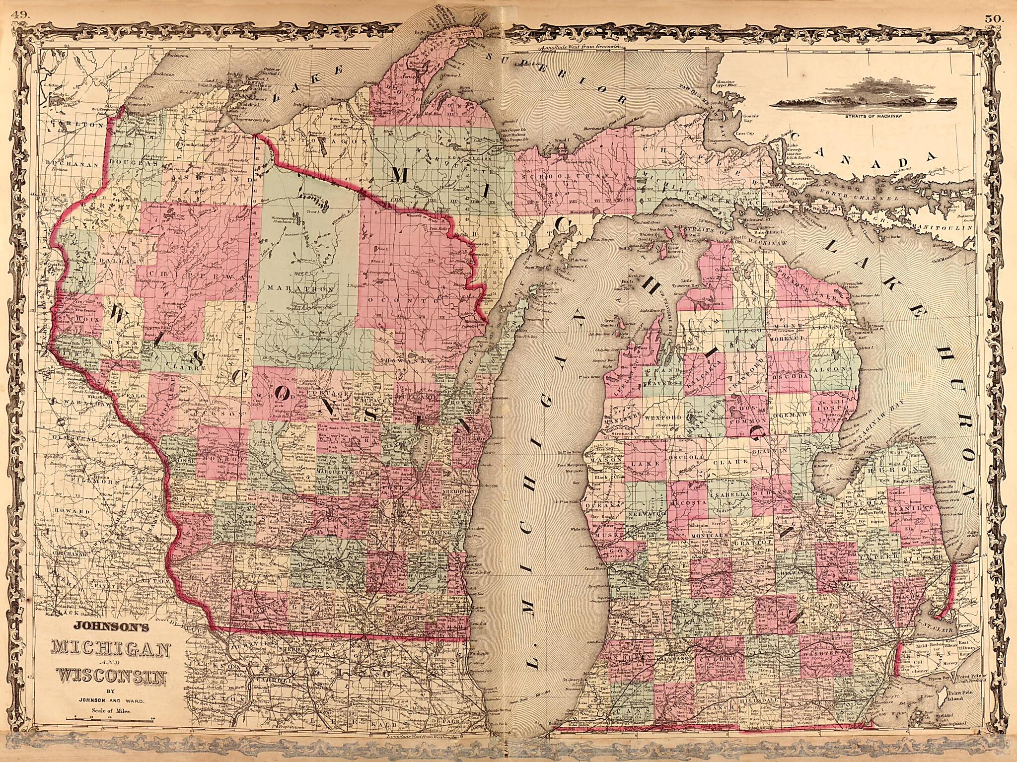 This old map of Michigan and Wisconsin from Family Atlas from 1862 was created by A. J. (Alvin Jewett) Johnson in 1862