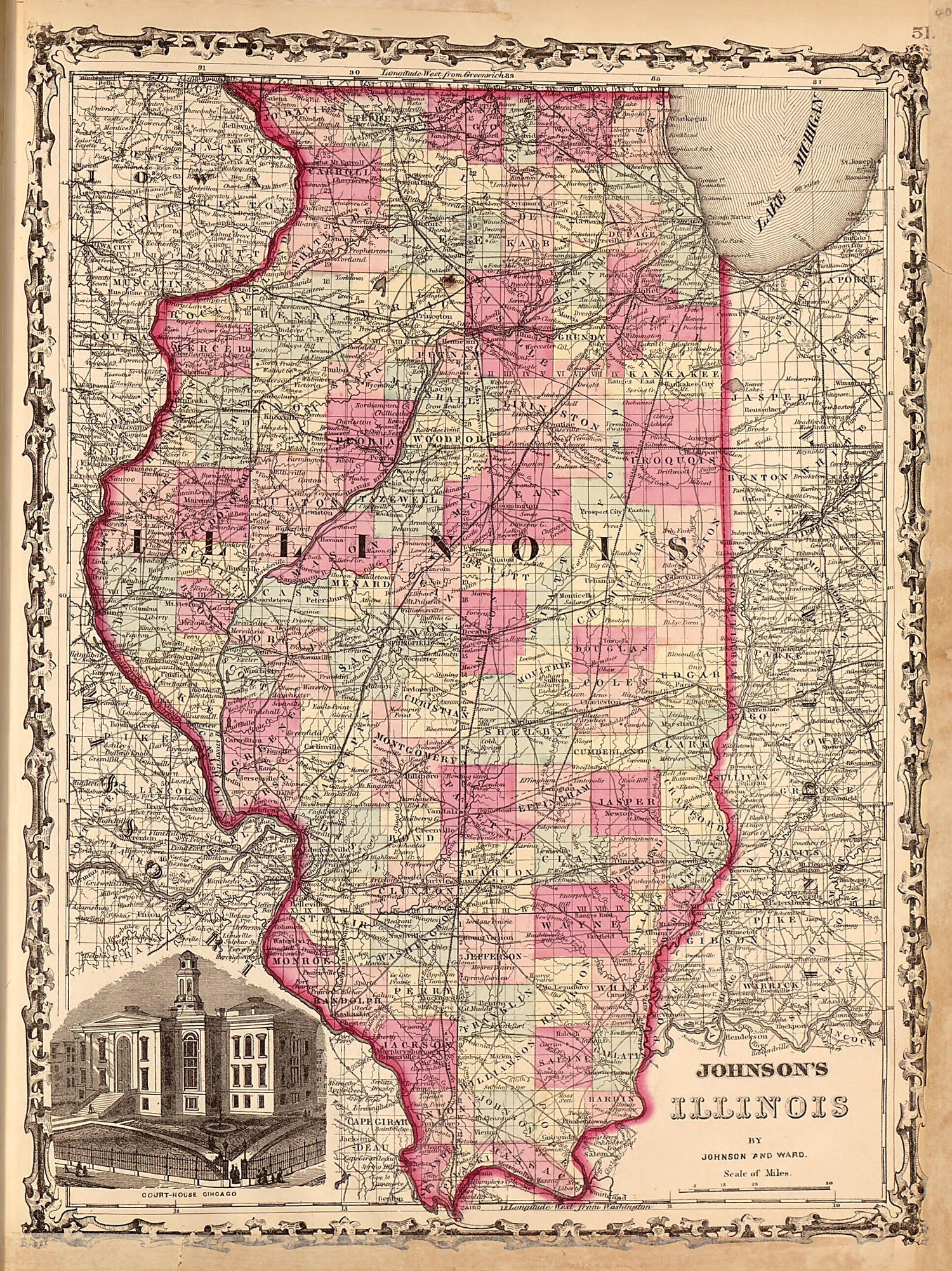 This old map of Illinois from Family Atlas from 1862 was created by A. J. (Alvin Jewett) Johnson in 1862