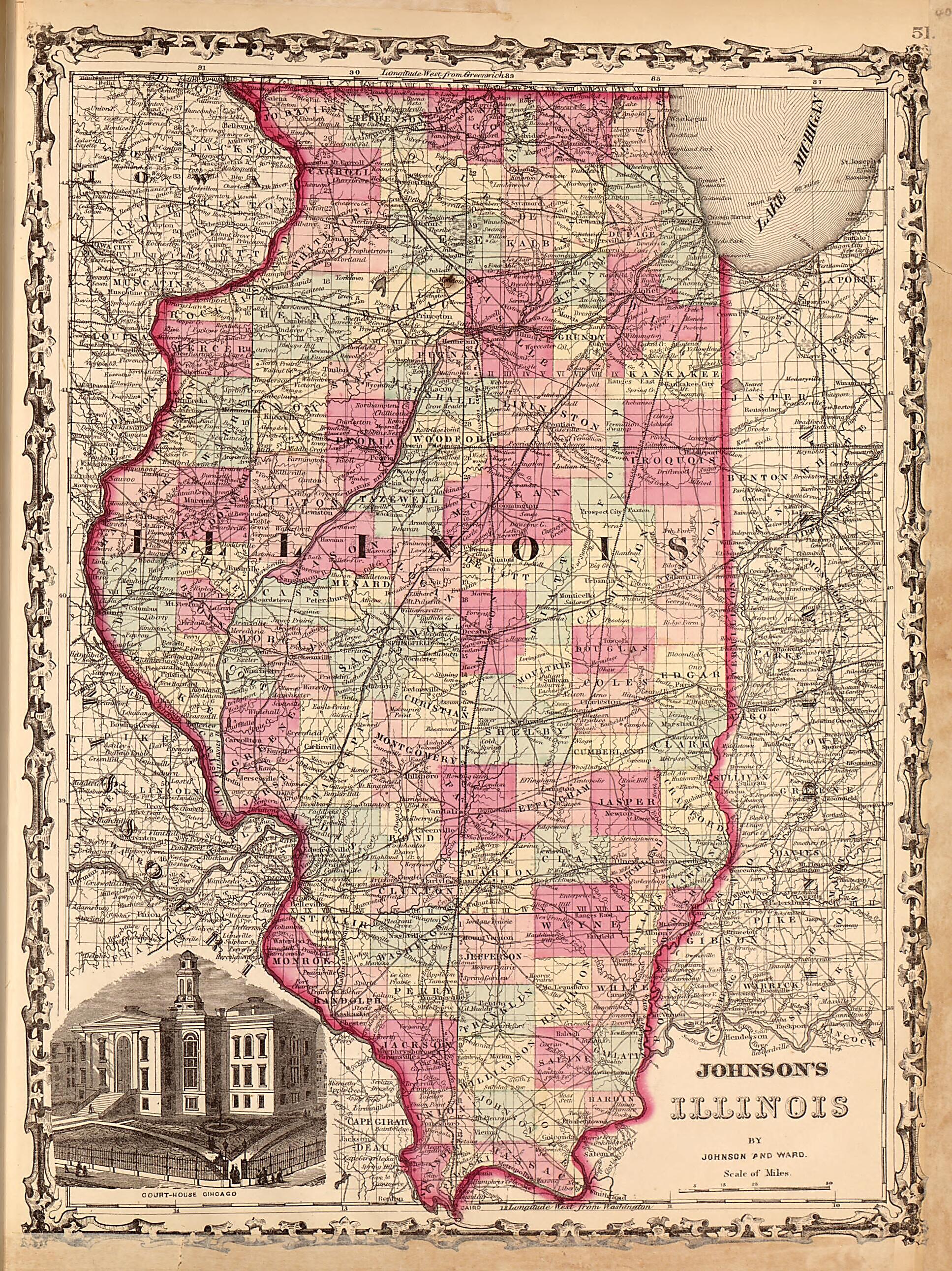 This old map of Illinois from Family Atlas from 1862 was created by A. J. (Alvin Jewett) Johnson in 1862