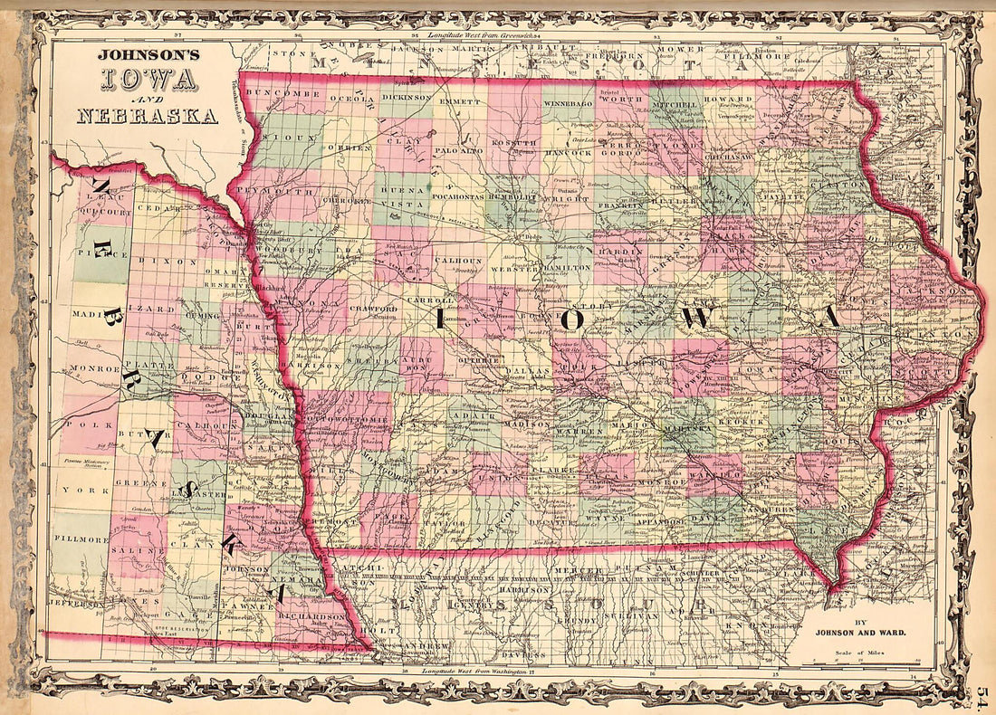 This old map of Iowa and Nebraska from Family Atlas from 1862 was created by A. J. (Alvin Jewett) Johnson in 1862