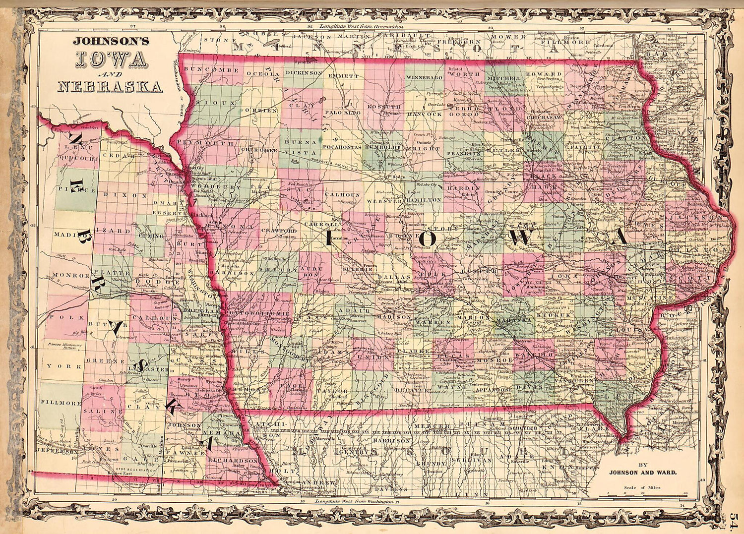 This old map of Iowa and Nebraska from Family Atlas from 1862 was created by A. J. (Alvin Jewett) Johnson in 1862