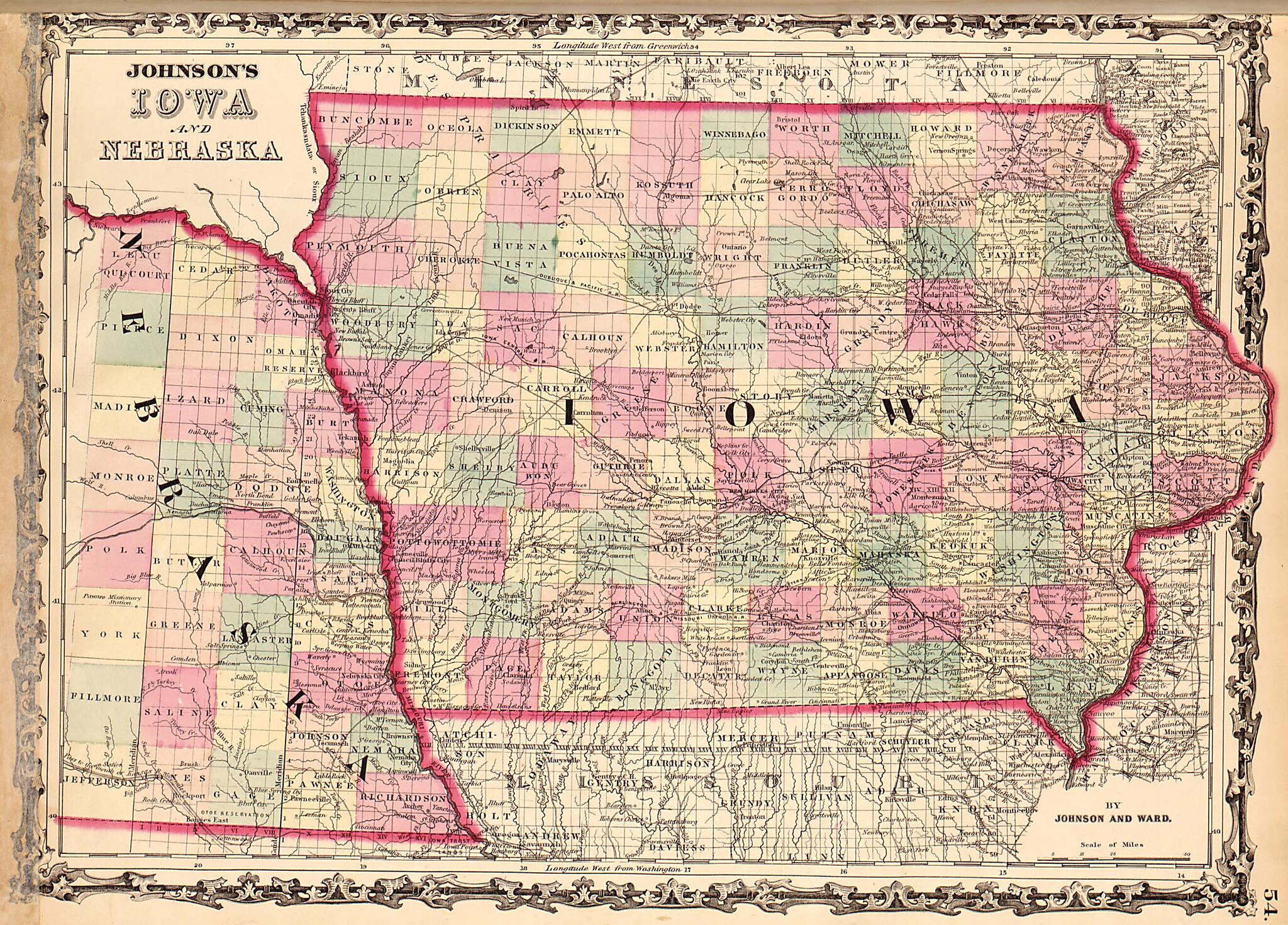 This old map of Iowa and Nebraska from Family Atlas from 1862 was created by A. J. (Alvin Jewett) Johnson in 1862