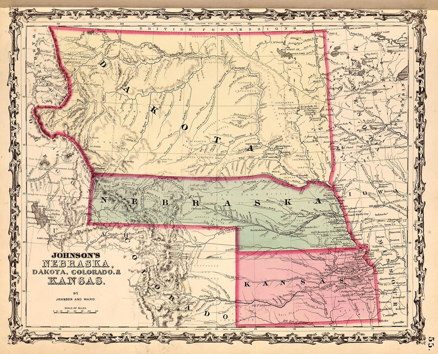 This old map of Nebraska, Dakota, Colorado, and Kansas from Family Atlas from 1862 was created by A. J. (Alvin Jewett) Johnson in 1862