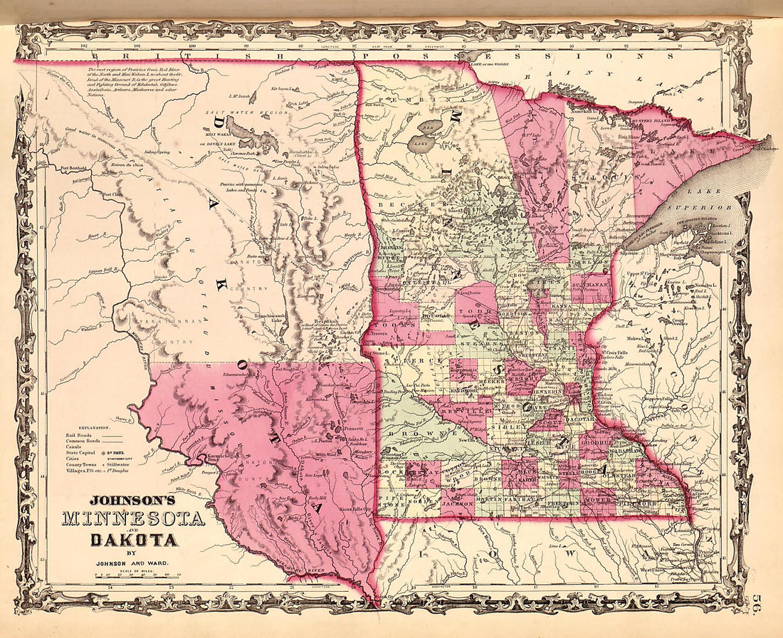 This old map of Minnesota and Dakota from Family Atlas from 1862 was created by A. J. (Alvin Jewett) Johnson in 1862