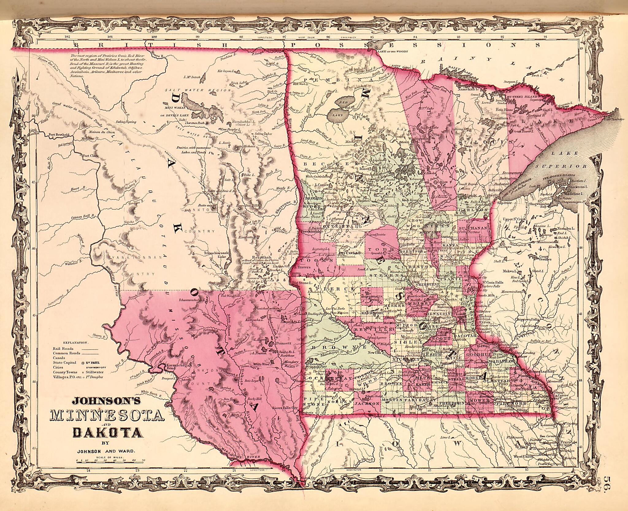 This old map of Minnesota and Dakota from Family Atlas from 1862 was created by A. J. (Alvin Jewett) Johnson in 1862