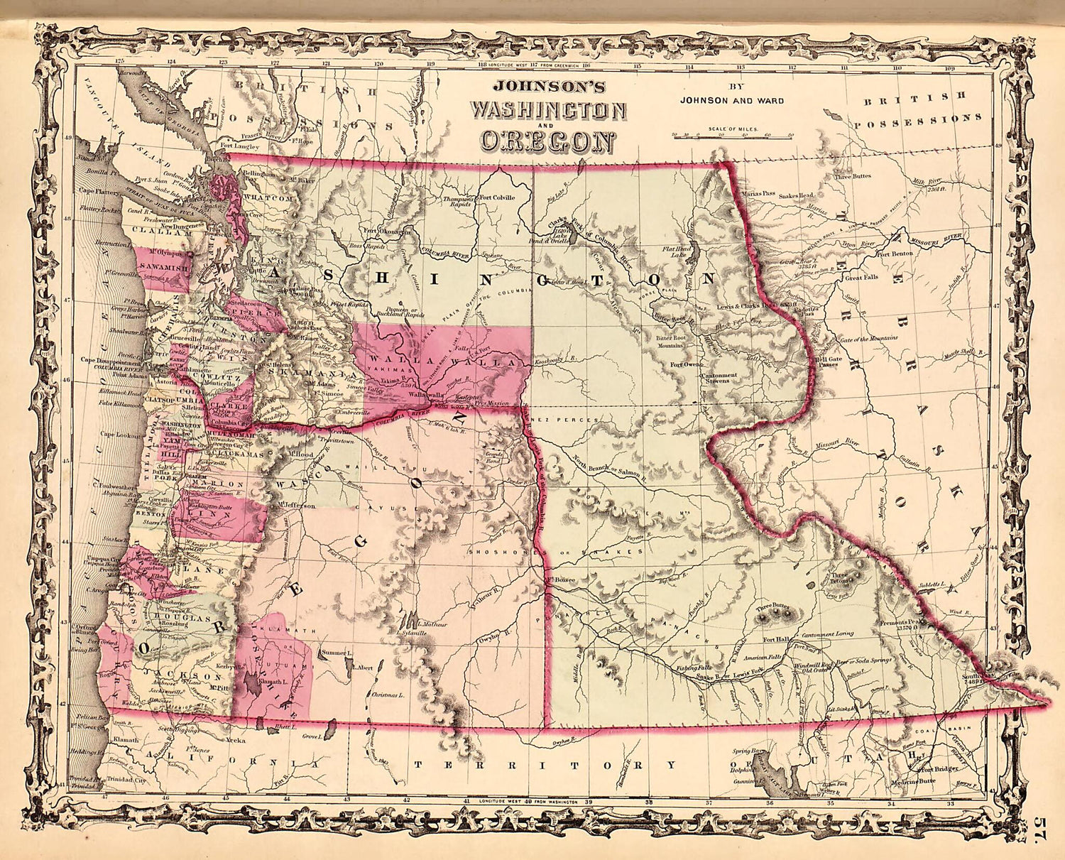 This old map of Washington and Oregon from Family Atlas from 1862 was created by A. J. (Alvin Jewett) Johnson in 1862