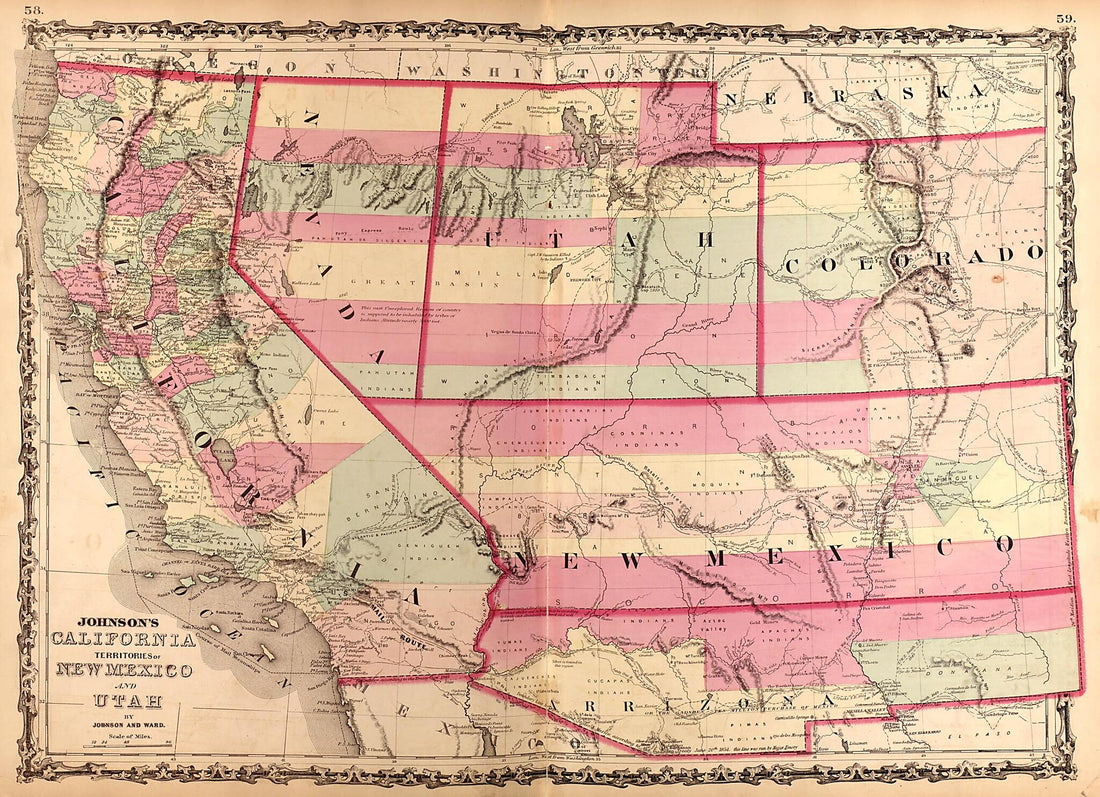 This old map of California, New Mexico, and Utah from Family Atlas from 1862 was created by A. J. (Alvin Jewett) Johnson in 1862