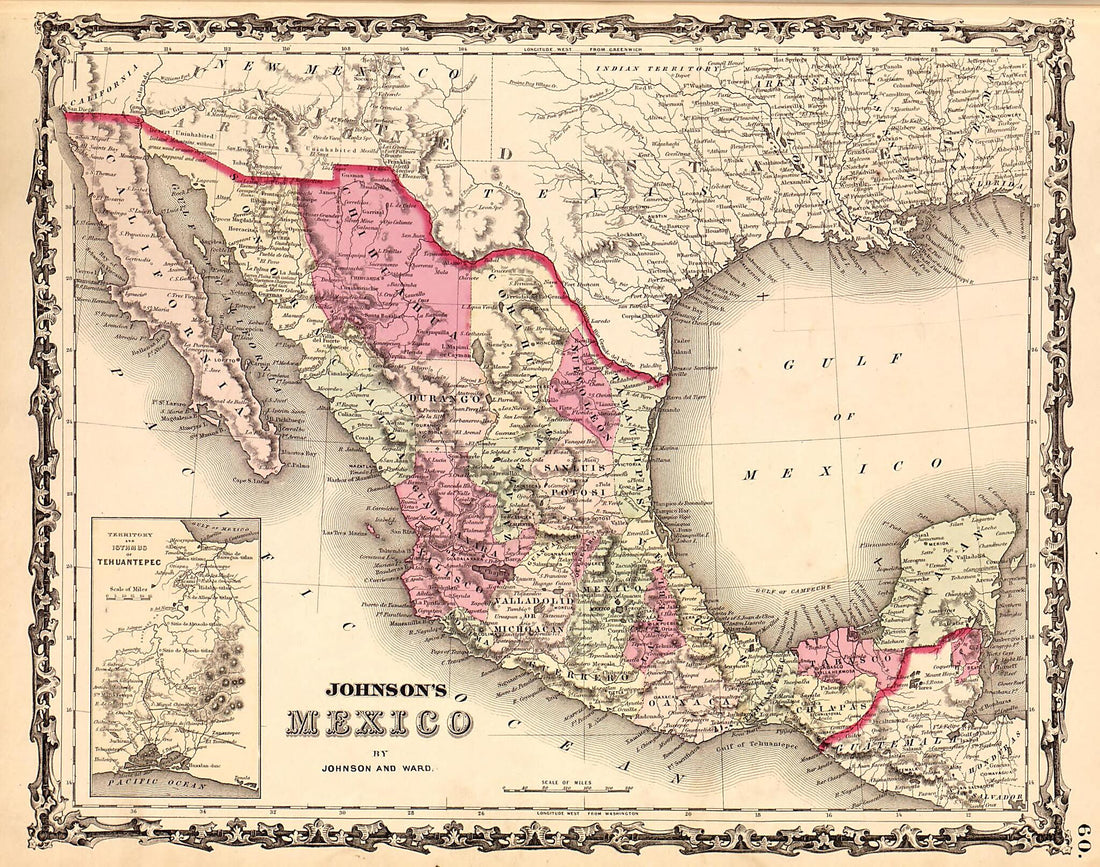 This old map of Mexico from Family Atlas from 1862 was created by A. J. (Alvin Jewett) Johnson in 1862