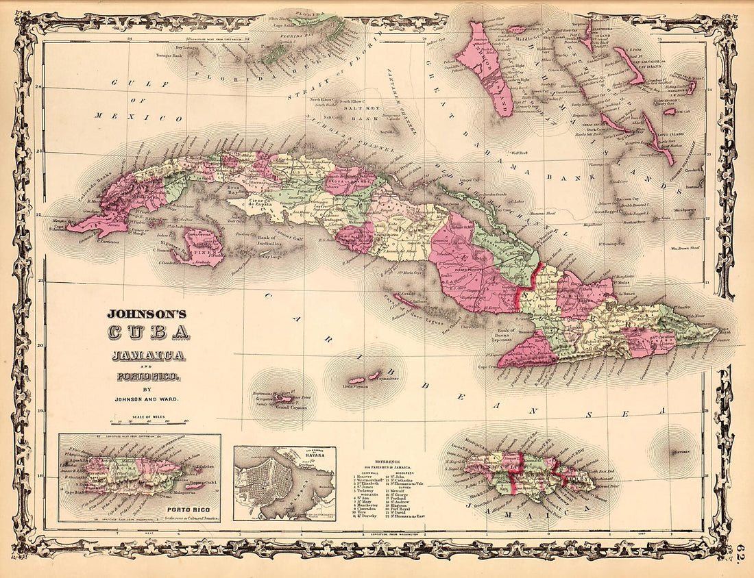 This old map of Cuba, Jamaica, and Puerto Rico from Family Atlas from 1862 was created by A. J. (Alvin Jewett) Johnson in 1862