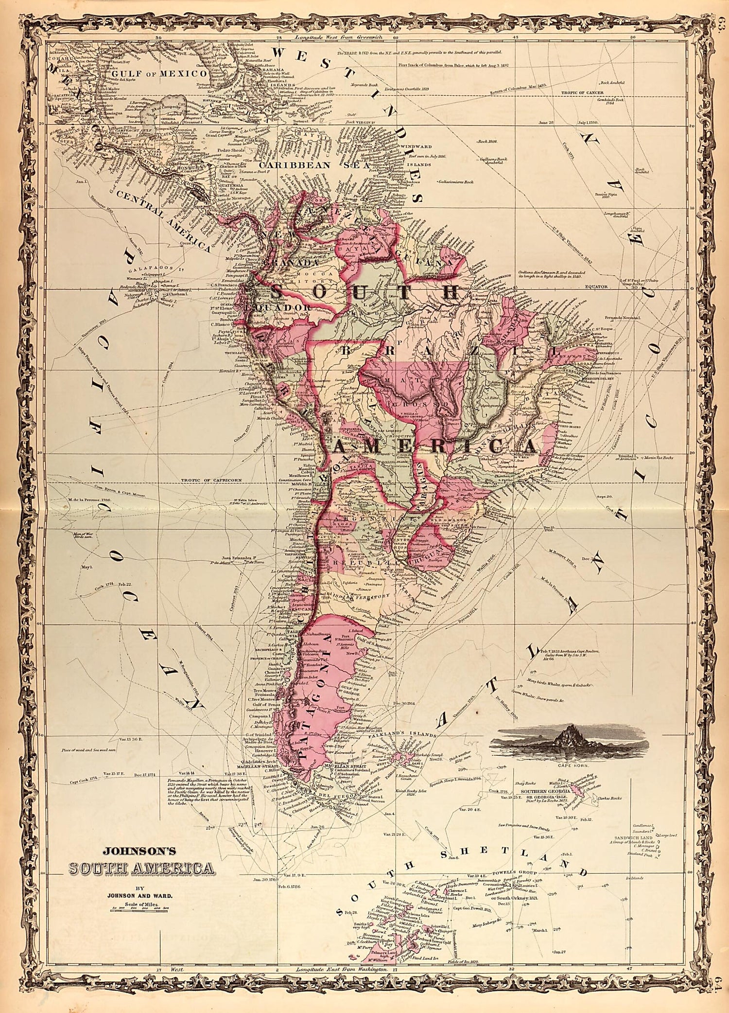 This old map of South America from Family Atlas from 1862 was created by A. J. (Alvin Jewett) Johnson in 1862