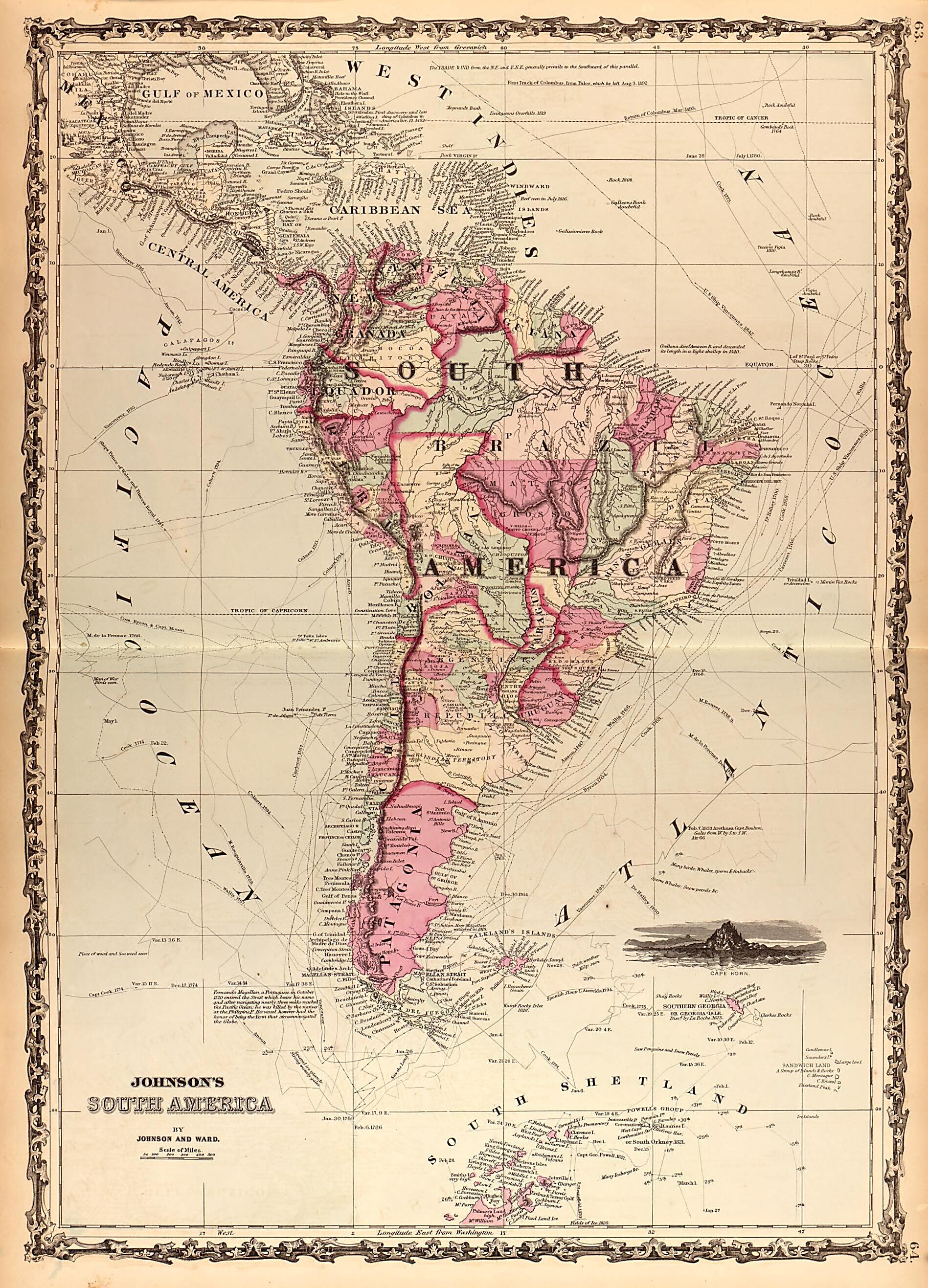 This old map of South America from Family Atlas from 1862 was created by A. J. (Alvin Jewett) Johnson in 1862