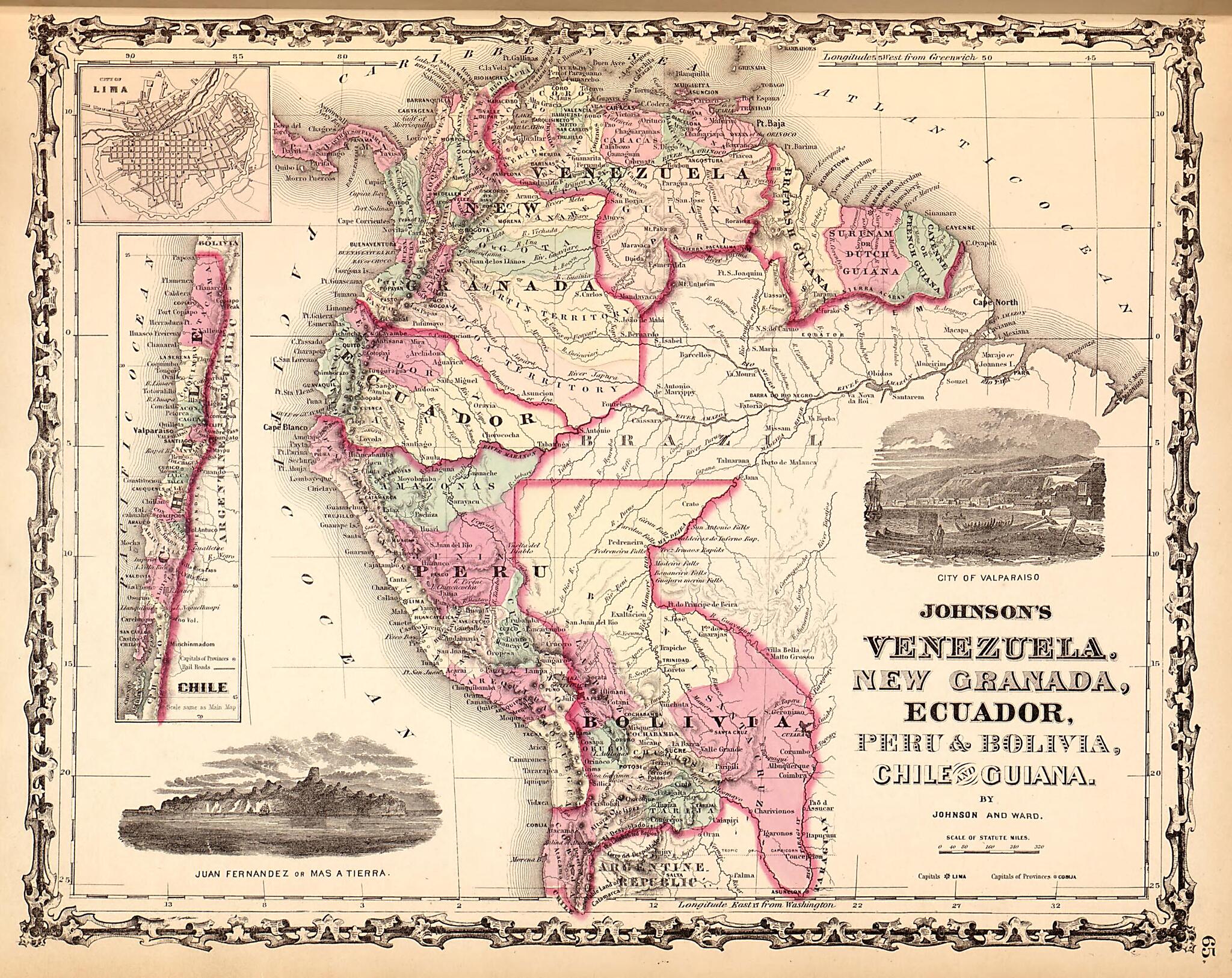 This old map of Venezuela, New Granada, Ecuador,Peru &amp; Bolivia, Chile &amp; Guiana from Family Atlas from 1862 was created by A. J. (Alvin Jewett) Johnson in 1862