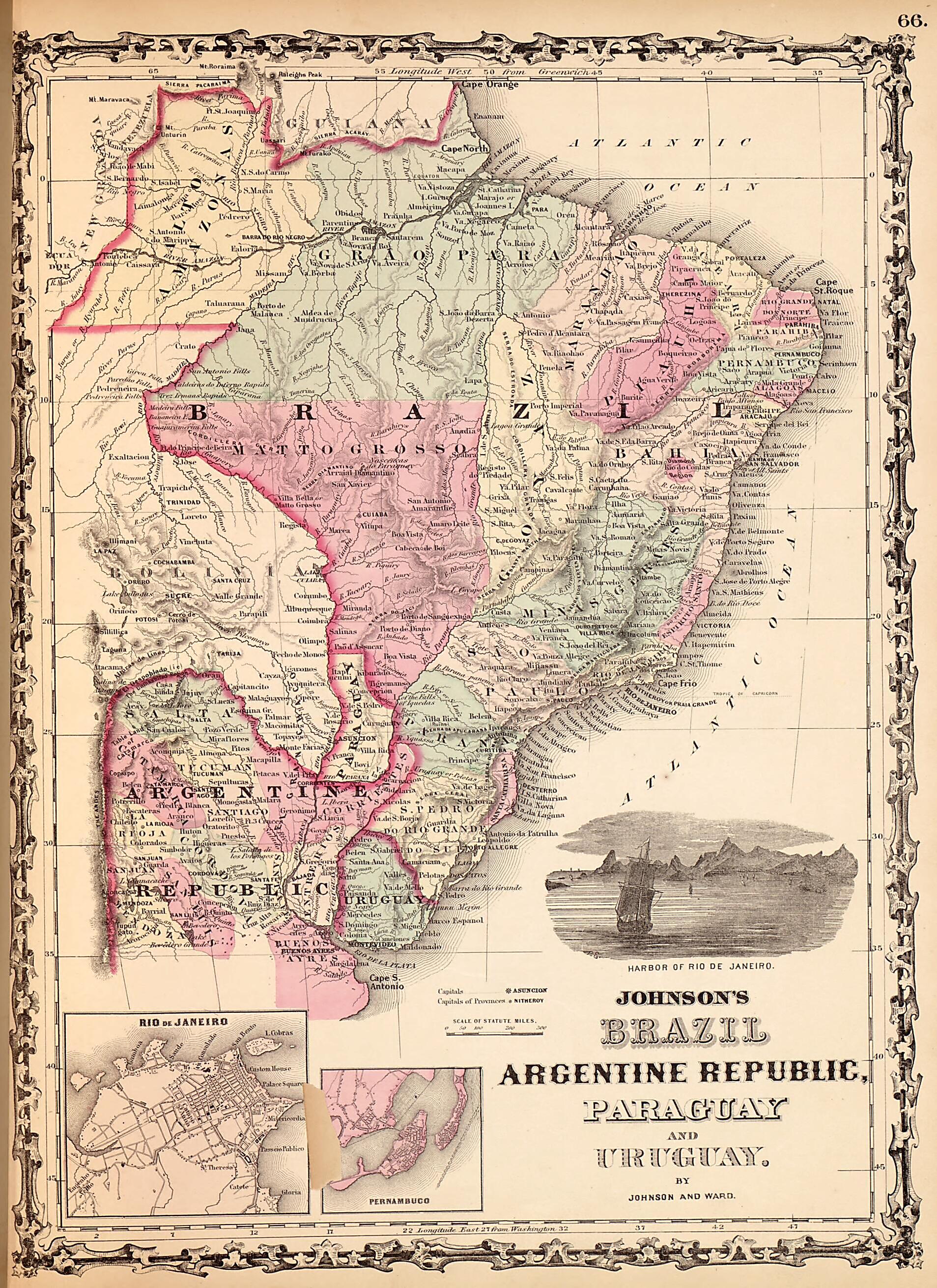 This old map of Brazil, Argentine Republic, Paraguay, and Uruguay from Family Atlas from 1862 was created by A. J. (Alvin Jewett) Johnson in 1862