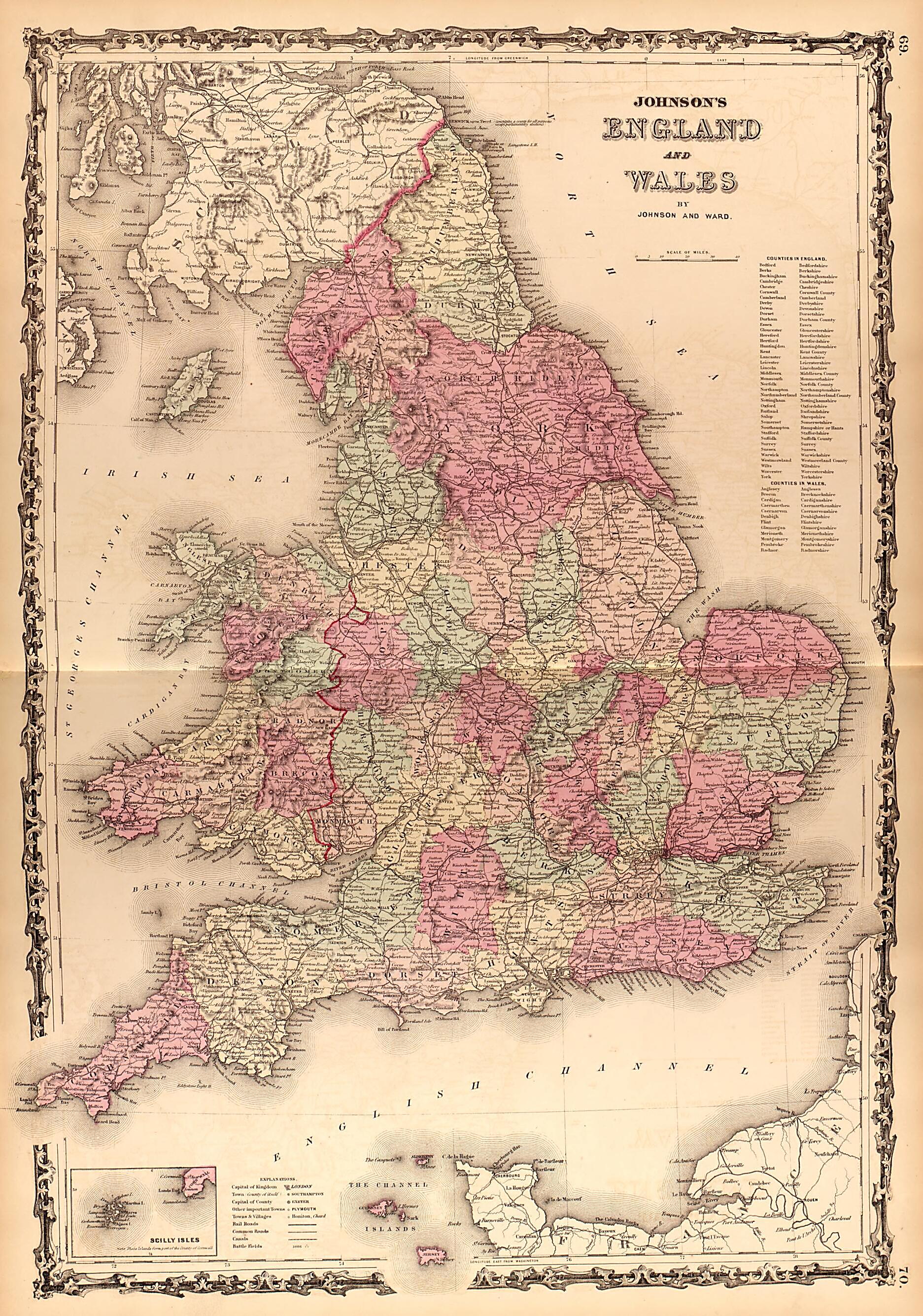 This old map of England and Wales from Family Atlas from 1862 was created by A. J. (Alvin Jewett) Johnson in 1862