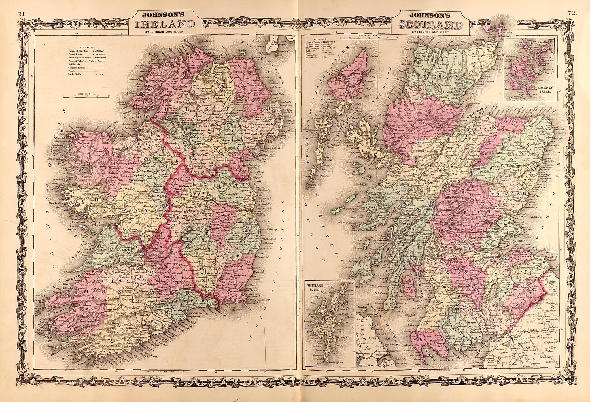 This old map of Ireland and Scotland from Family Atlas from 1862 was created by A. J. (Alvin Jewett) Johnson in 1862