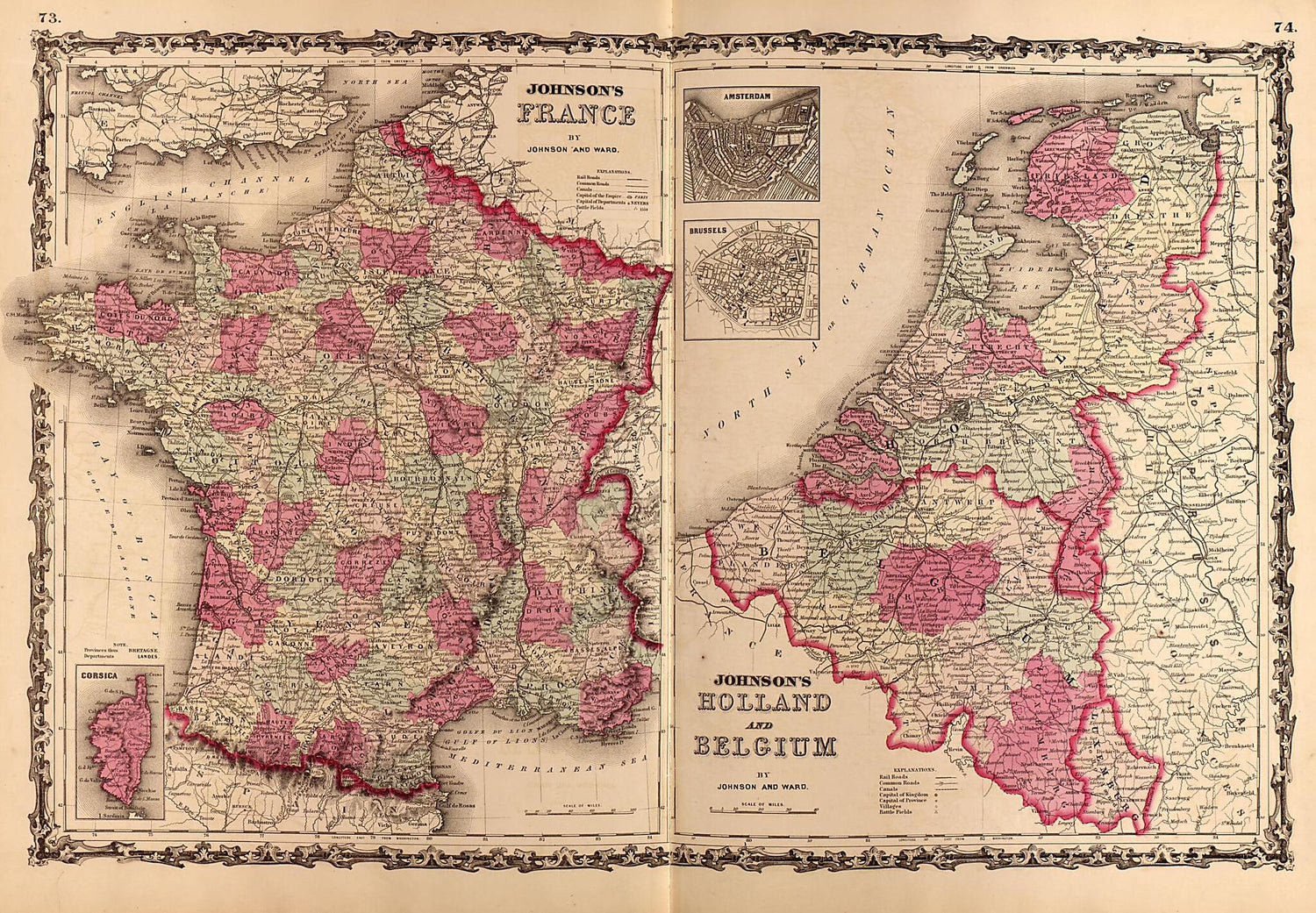 This old map of France, Holland and Belgium from Family Atlas from 1862 was created by A. J. (Alvin Jewett) Johnson in 1862