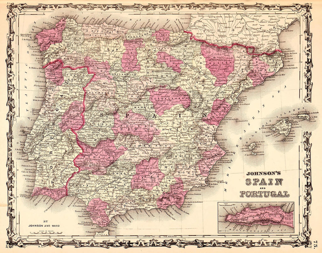 This old map of Spain and Portugal from Family Atlas from 1862 was created by A. J. (Alvin Jewett) Johnson in 1862