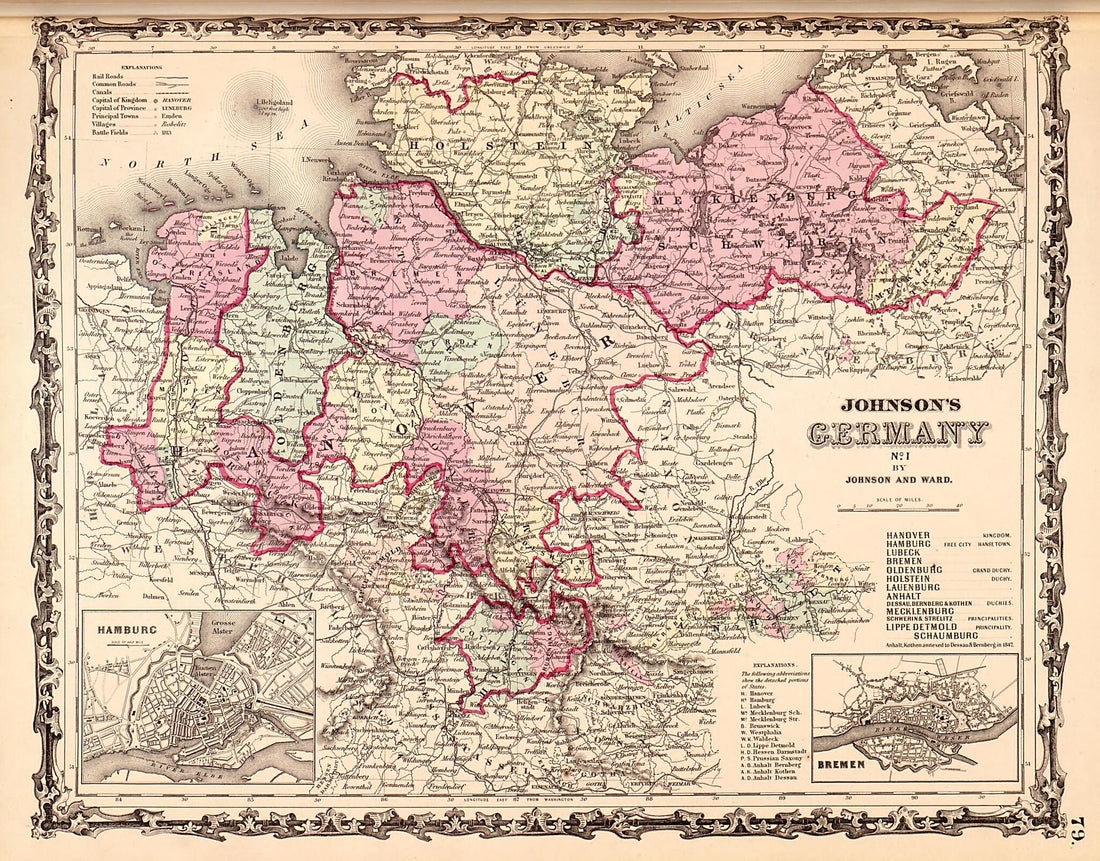 This old map of Germany from Family Atlas from 1862 was created by A. J. (Alvin Jewett) Johnson in 1862