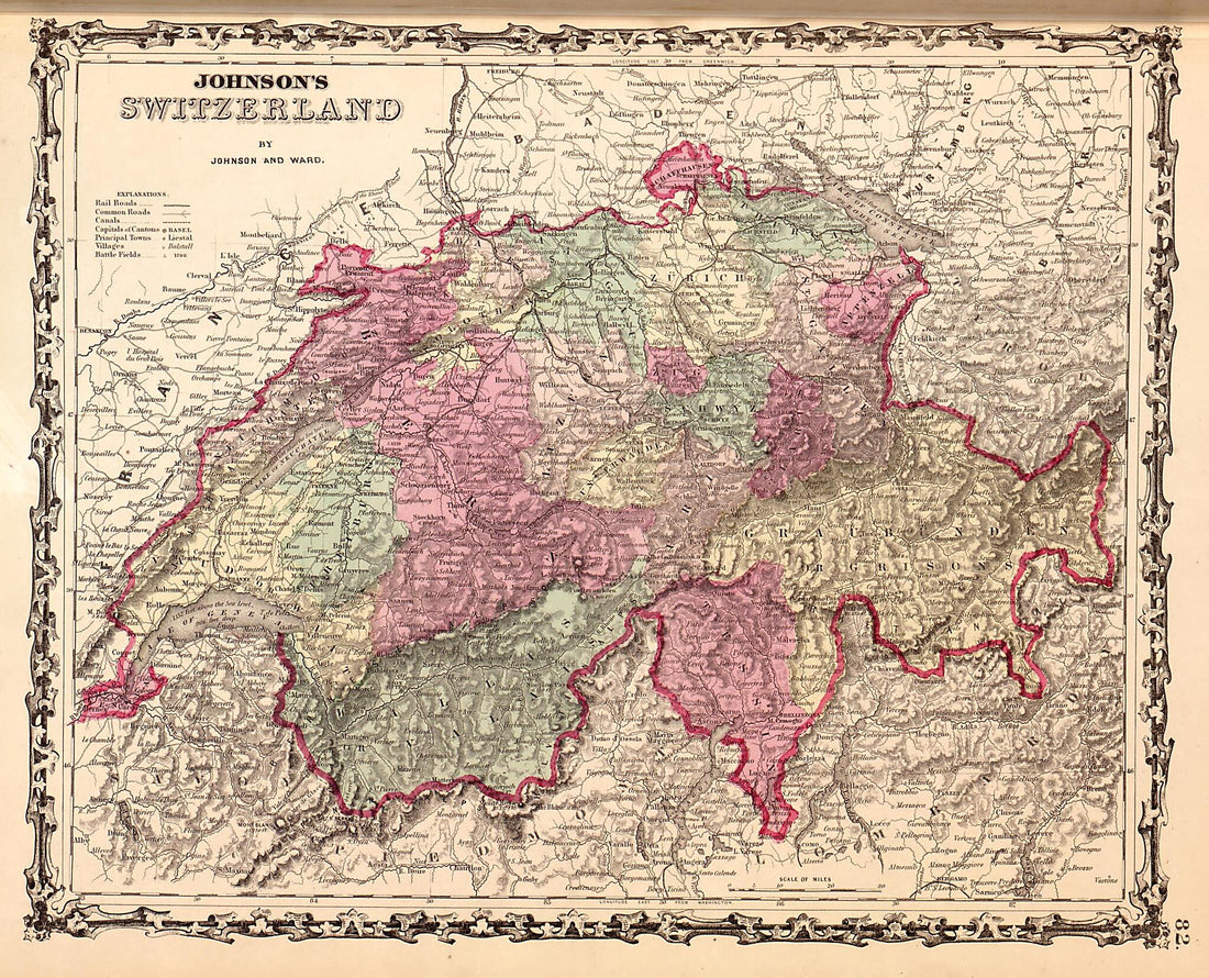 This old map of Switzerland from Family Atlas from 1862 was created by A. J. (Alvin Jewett) Johnson in 1862