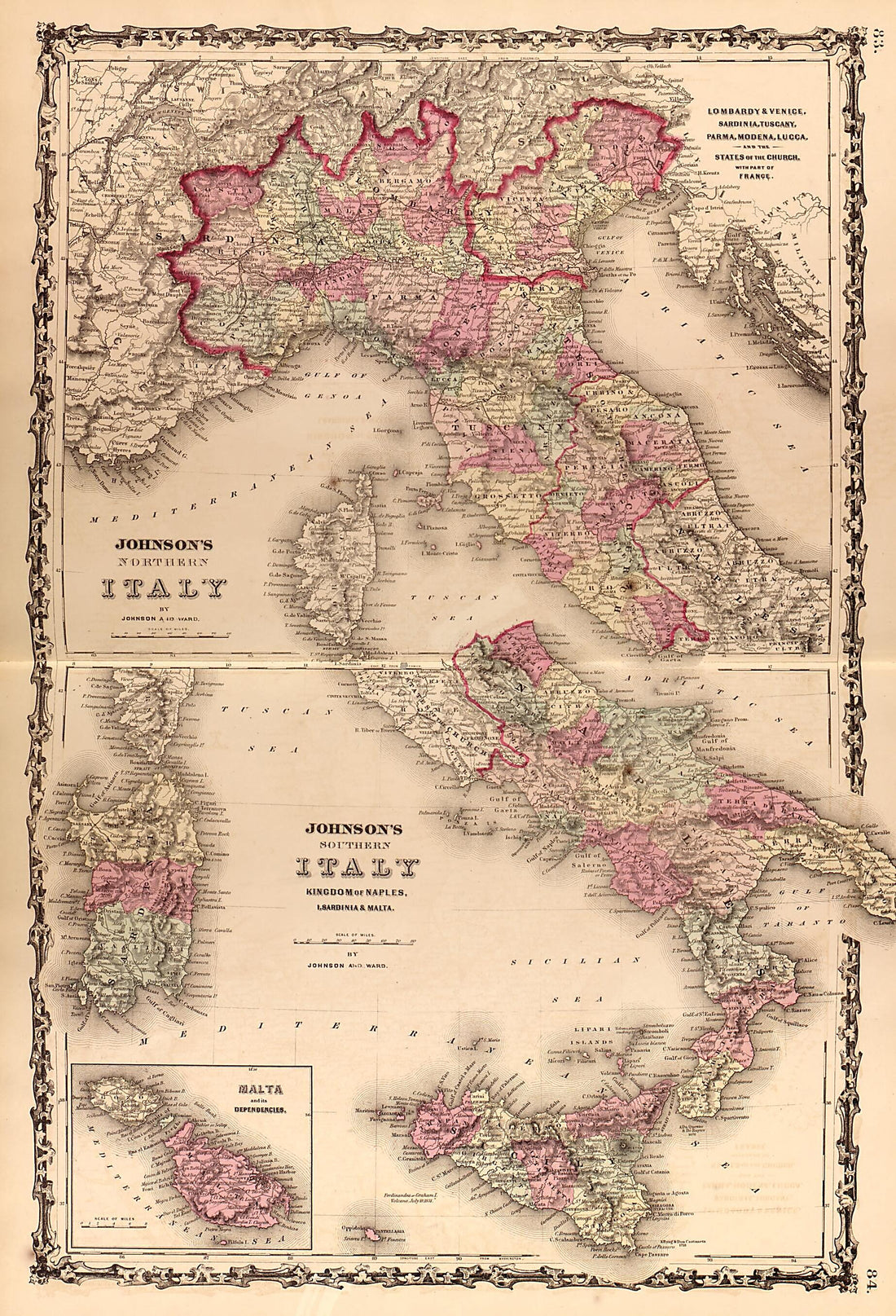 This old map of Italy from Family Atlas from 1862 was created by A. J. (Alvin Jewett) Johnson in 1862