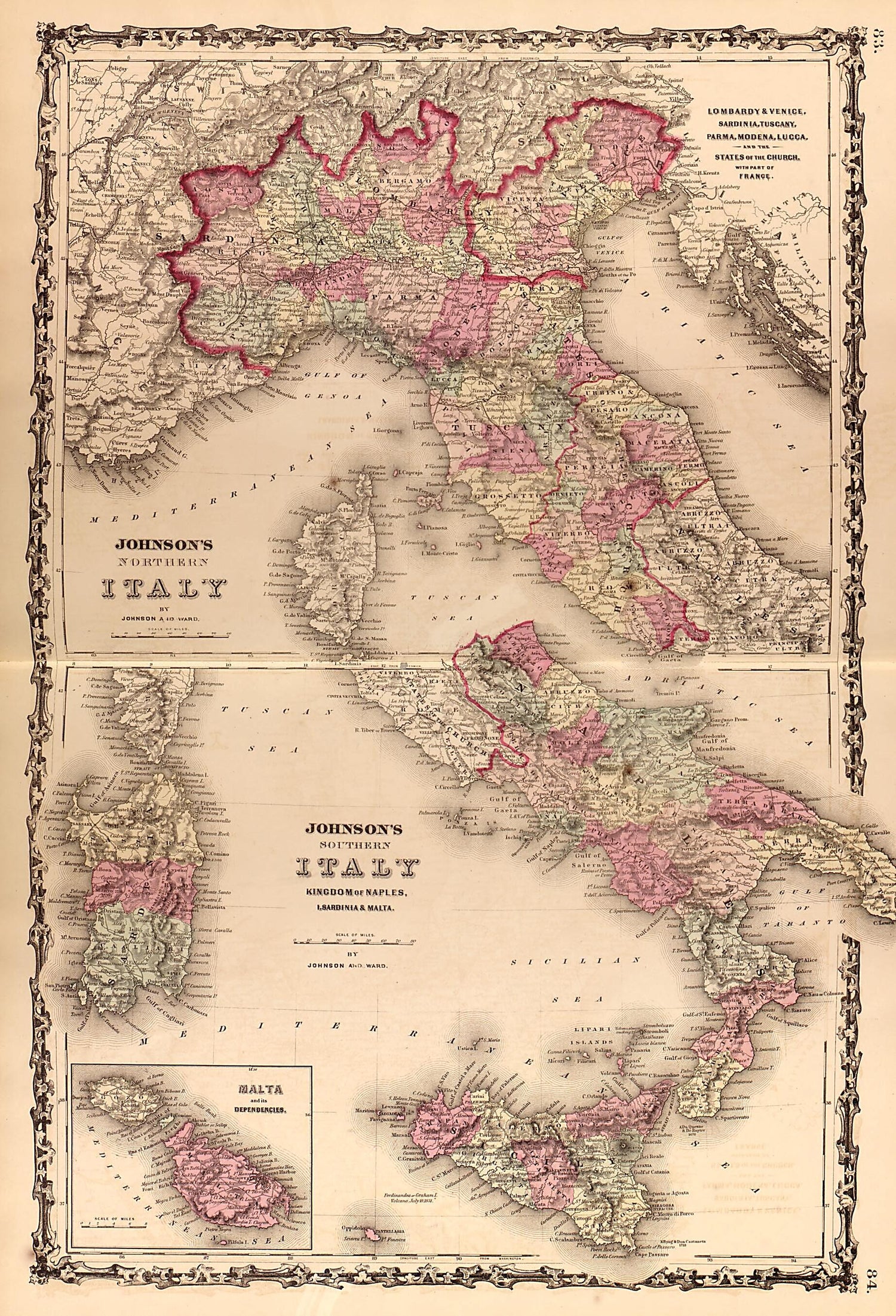 This old map of Italy from Family Atlas from 1862 was created by A. J. (Alvin Jewett) Johnson in 1862