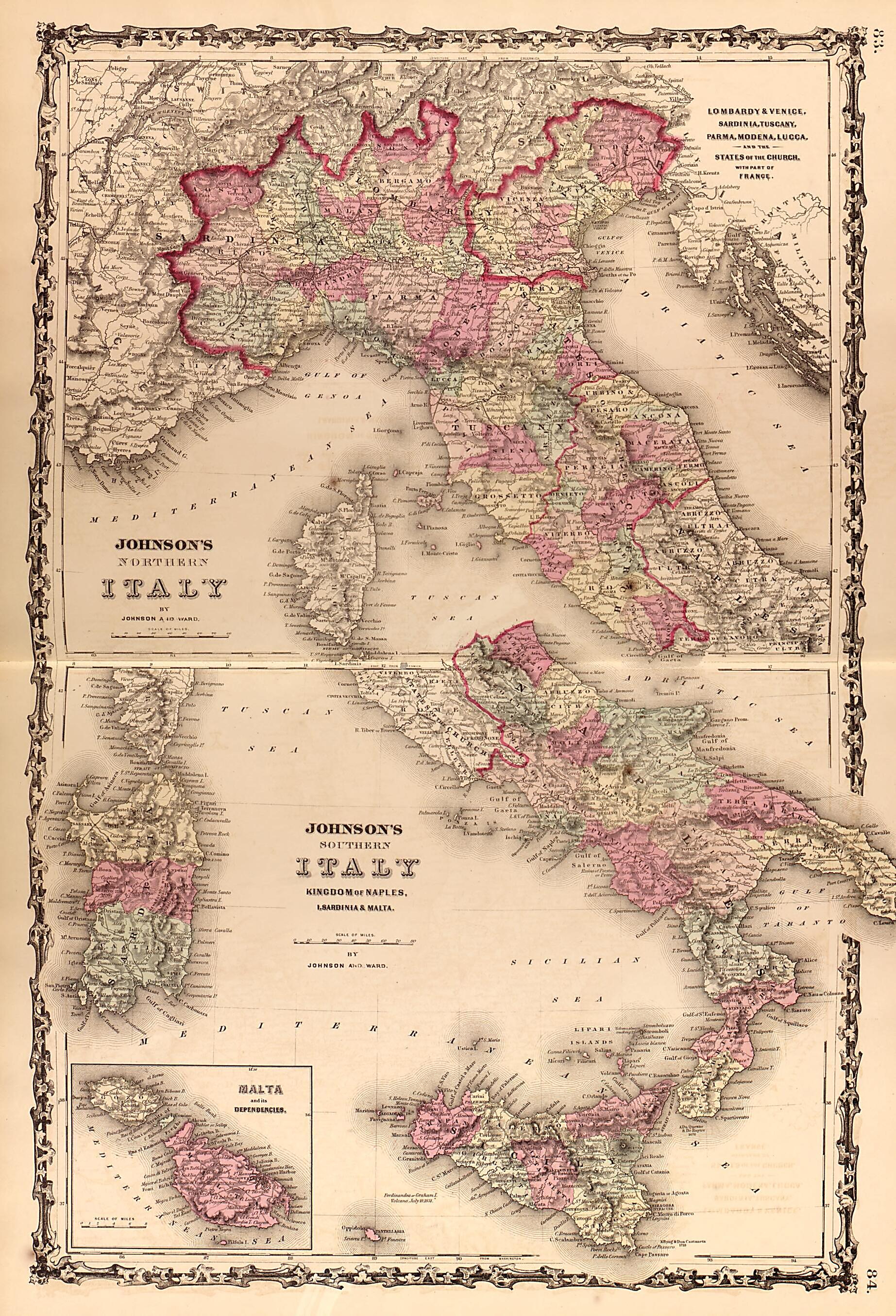 This old map of Italy from Family Atlas from 1862 was created by A. J. (Alvin Jewett) Johnson in 1862