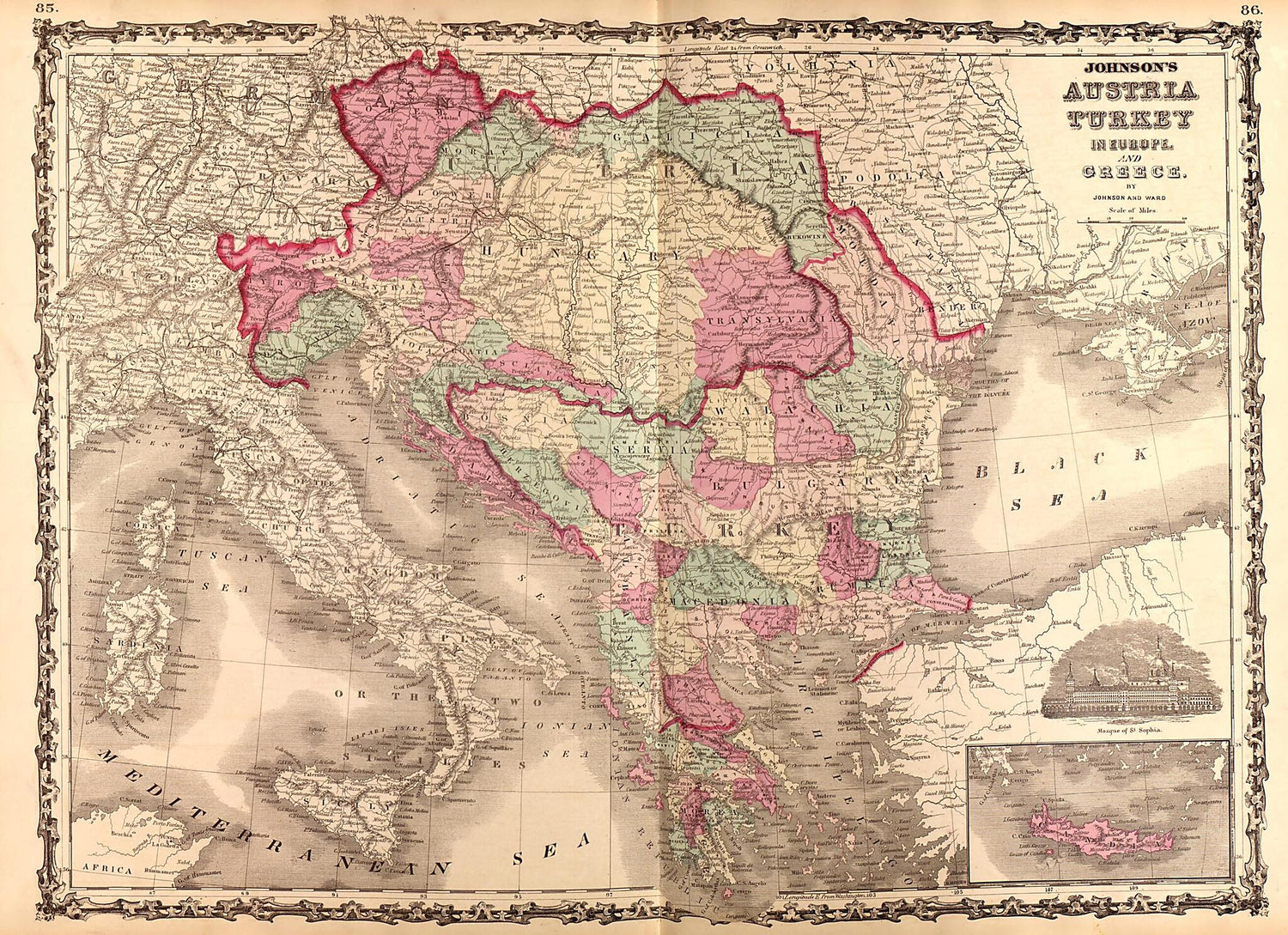 This old map of Austria, Turkey and Greece from Family Atlas from 1862 was created by A. J. (Alvin Jewett) Johnson in 1862