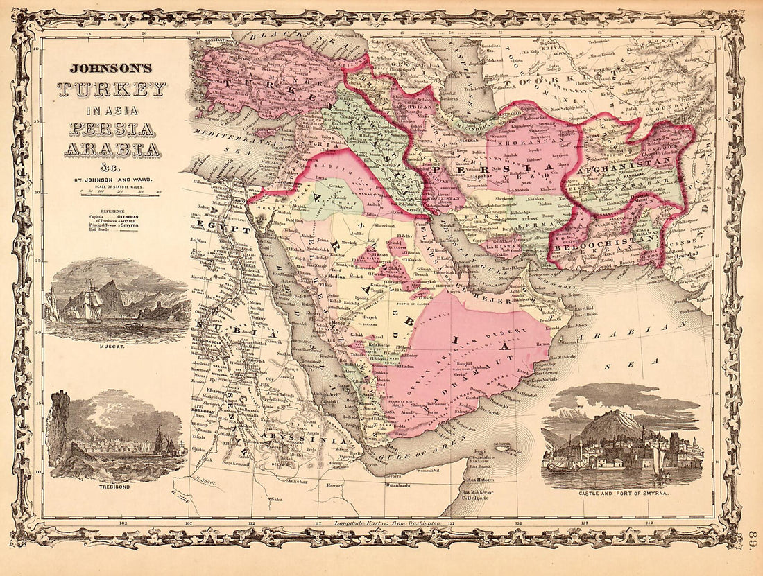 This old map of Turkey, Persia and Arabia from Family Atlas from 1862 was created by A. J. (Alvin Jewett) Johnson in 1862