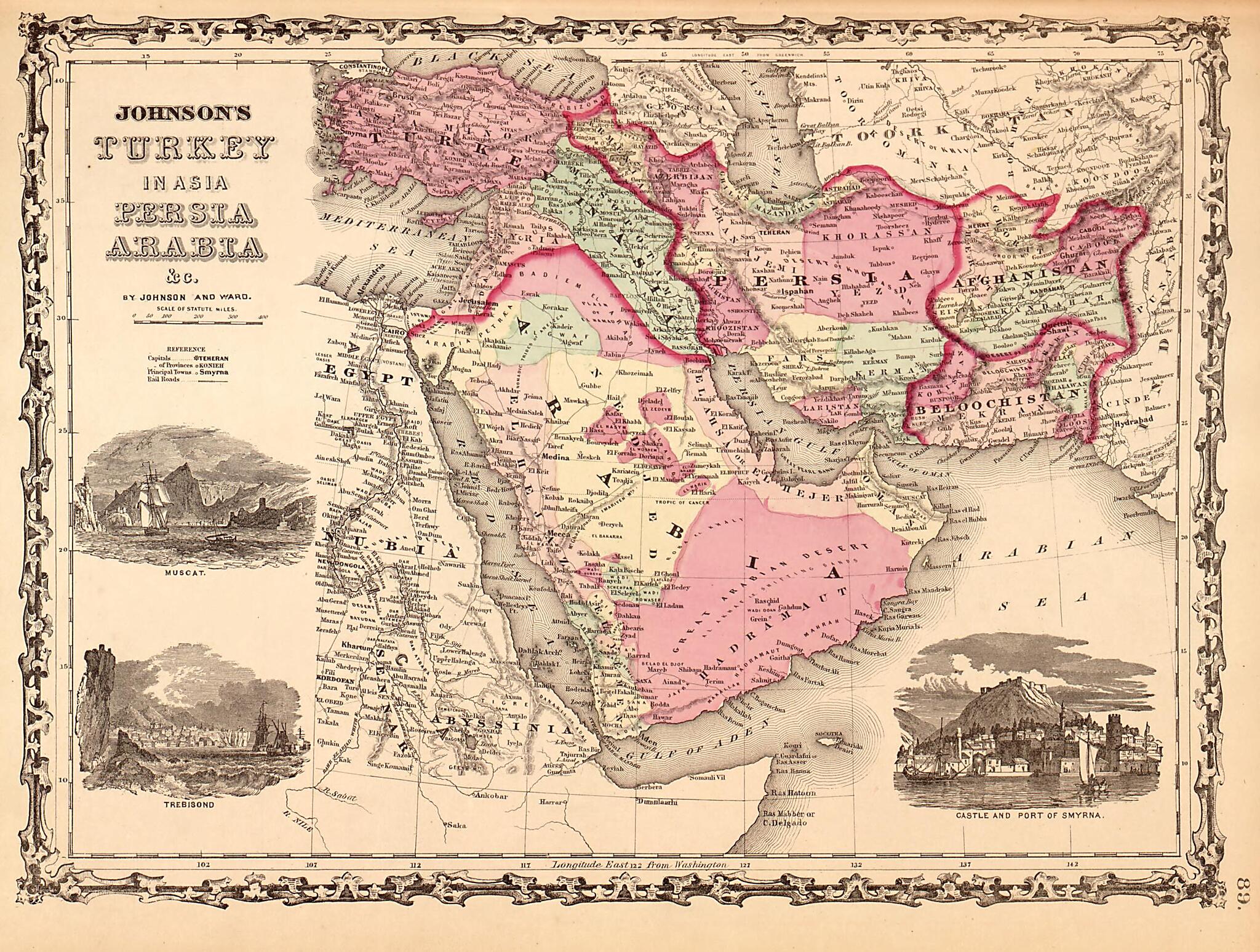 This old map of Turkey, Persia and Arabia from Family Atlas from 1862 was created by A. J. (Alvin Jewett) Johnson in 1862