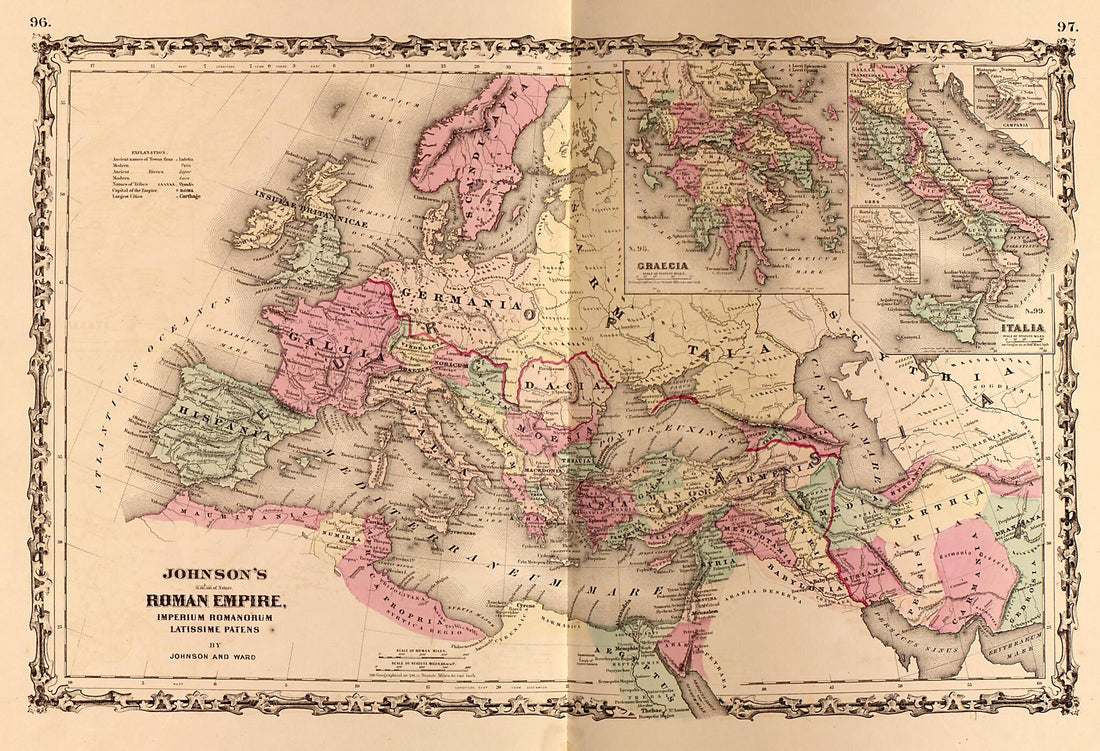 This old map of Roman Empire from Family Atlas from 1862 was created by A. J. (Alvin Jewett) Johnson in 1862