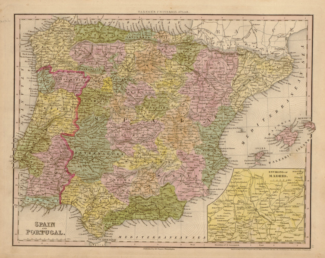 This hand drawn map of Spain and Portugal from Tanner&