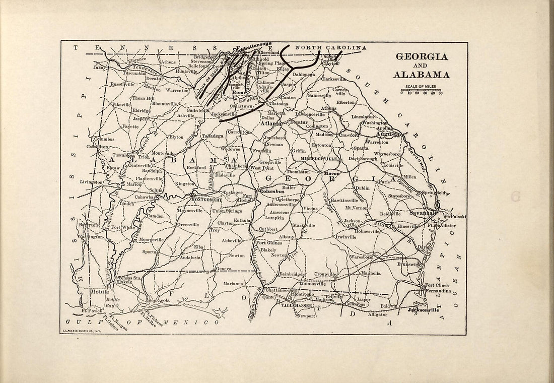 This old map of Georgia and Alabama from American Civil War Atlas from 1914 was created by G. J. (Gustav Joseph) Fiebeger in 1914