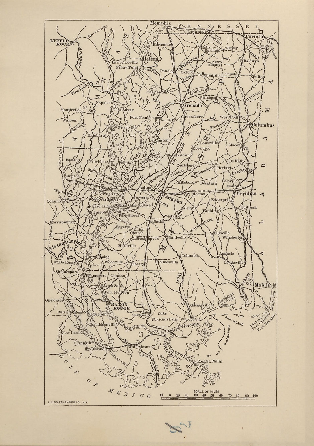 This old map of Mississippi from American Civil War Atlas from 1914 was created by G. J. (Gustav Joseph) Fiebeger in 1914