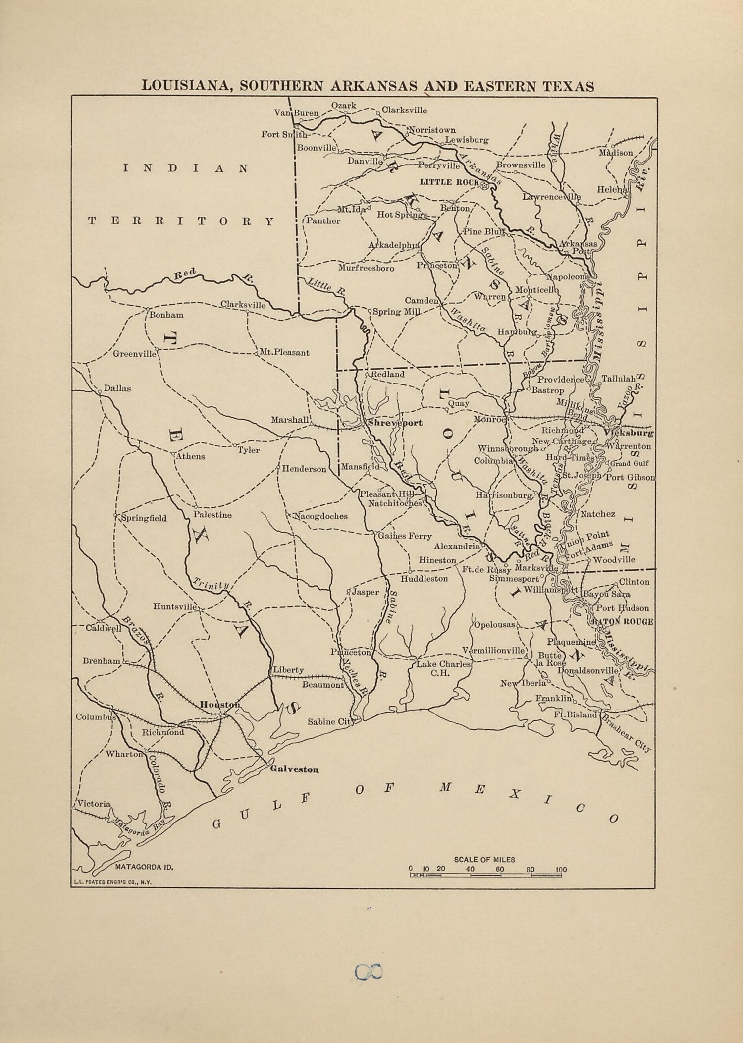 This old map of Louisiana, Southern Arkansas and Eastern Texas from American Civil War Atlas from 1914 was created by G. J. (Gustav Joseph) Fiebeger in 1914