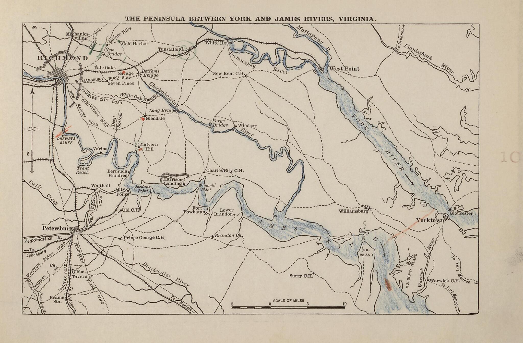 This old map of Peninsula Between York and James Rivers, Virginia from American Civil War Atlas from 1914 was created by G. J. (Gustav Joseph) Fiebeger in 1914