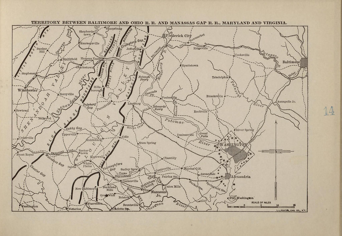 This old map of Baltimore and Ohio Railroad and Manassas Gap Railroad, Maryland and Virginia from American Civil War Atlas from 1914 was created by G. J. (Gustav Joseph) Fiebeger in 1914