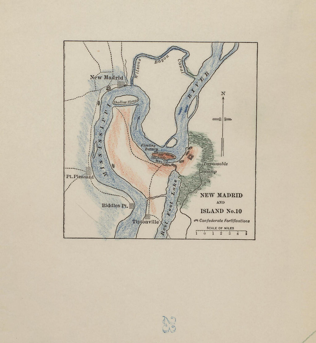 This old map of New Madrid and Island No. 10 from American Civil War Atlas from 1914 was created by G. J. (Gustav Joseph) Fiebeger in 1914