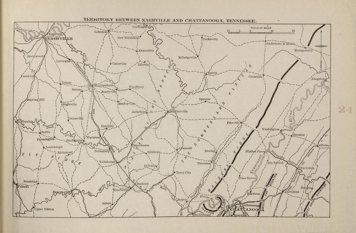 This old map of Territory Between Nashville and Chattanooga, Tenn. from American Civil War Atlas from 1914 was created by G. J. (Gustav Joseph) Fiebeger in 1914