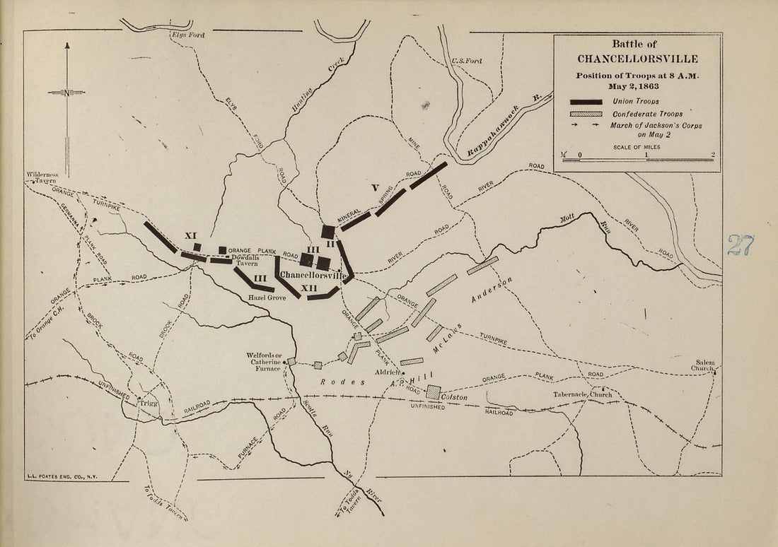 This old map of Battle of Chancellorsville, May 2, 1863 from American Civil War Atlas from 1914 was created by G. J. (Gustav Joseph) Fiebeger in 1914