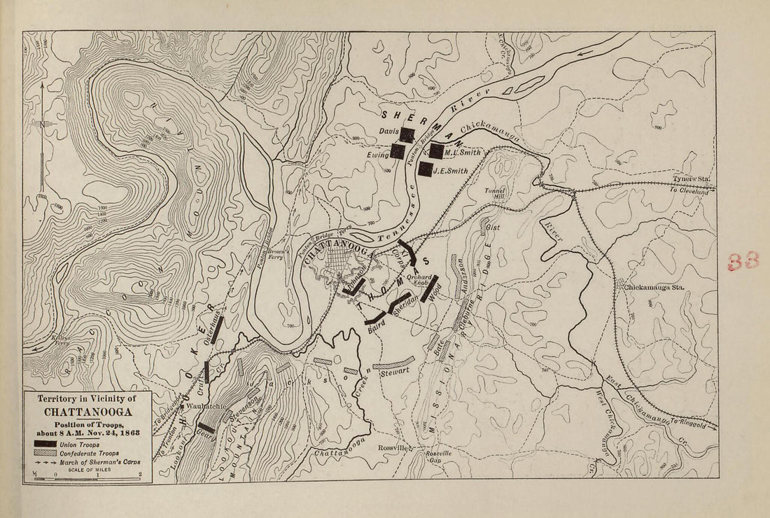 This old map of Territory In Vicinity of Chickamauga, Nov. 24, 1863 from American Civil War Atlas from 1914 was created by G. J. (Gustav Joseph) Fiebeger in 1914