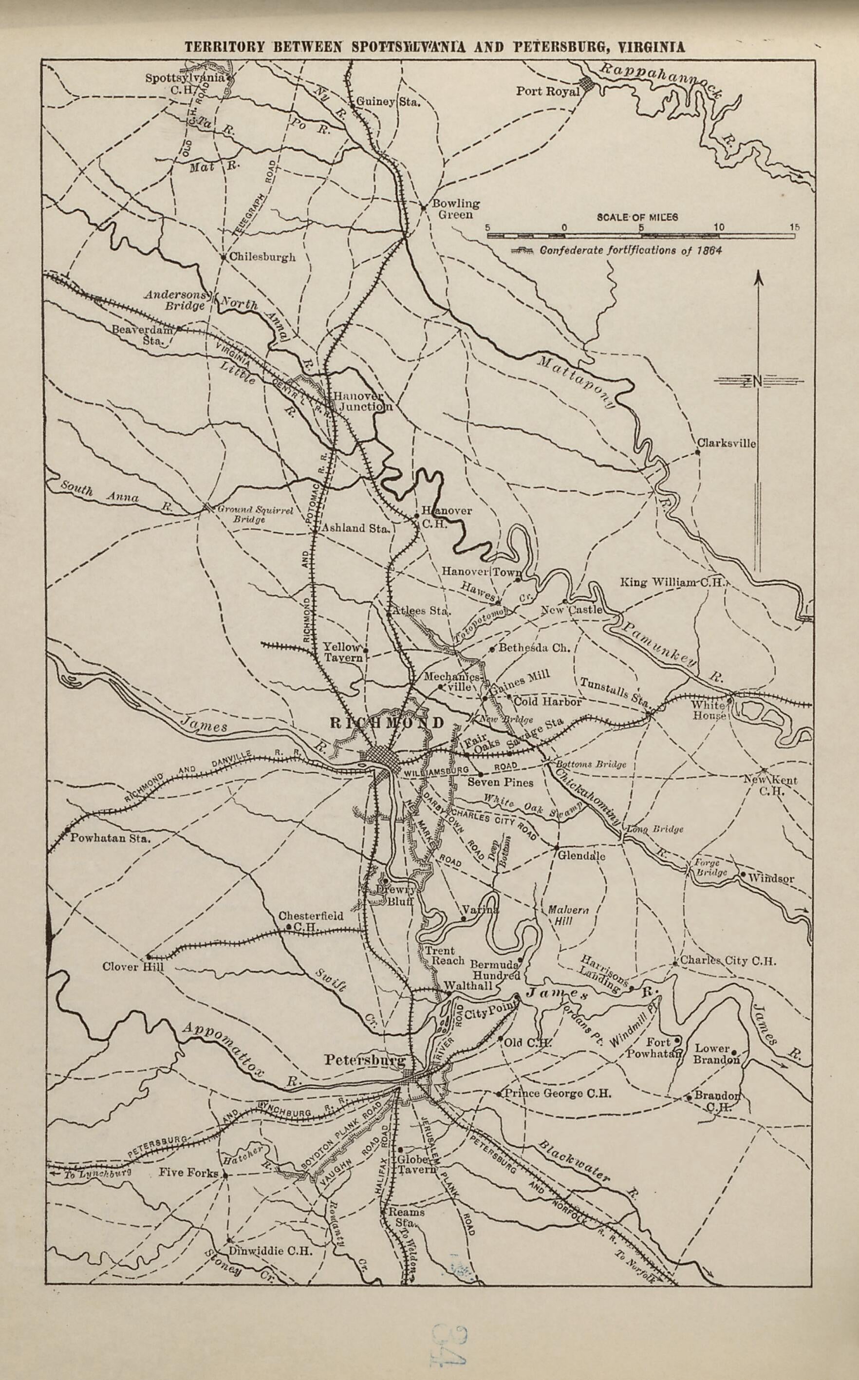 This old map of Territory Between Spotsylvania and Petersburg, Virginia from American Civil War Atlas from 1914 was created by G. J. (Gustav Joseph) Fiebeger in 1914