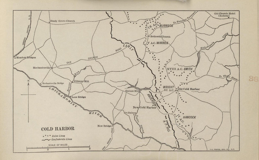 This old map of Cold Harbor from American Civil War Atlas from 1914 was created by G. J. (Gustav Joseph) Fiebeger in 1914